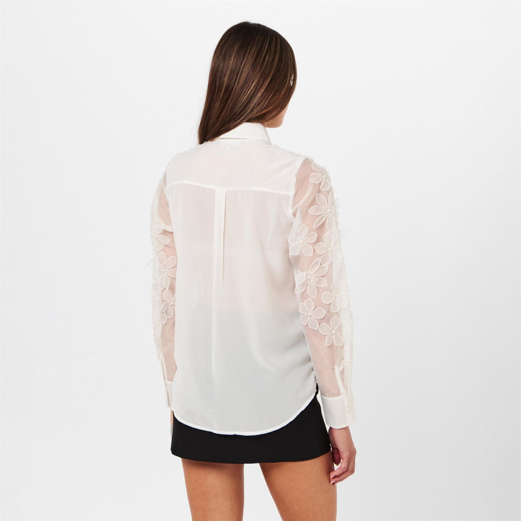 French Connection 3D Floral Embellished Relaxed Fit Long Sleeve Cuff Shirt