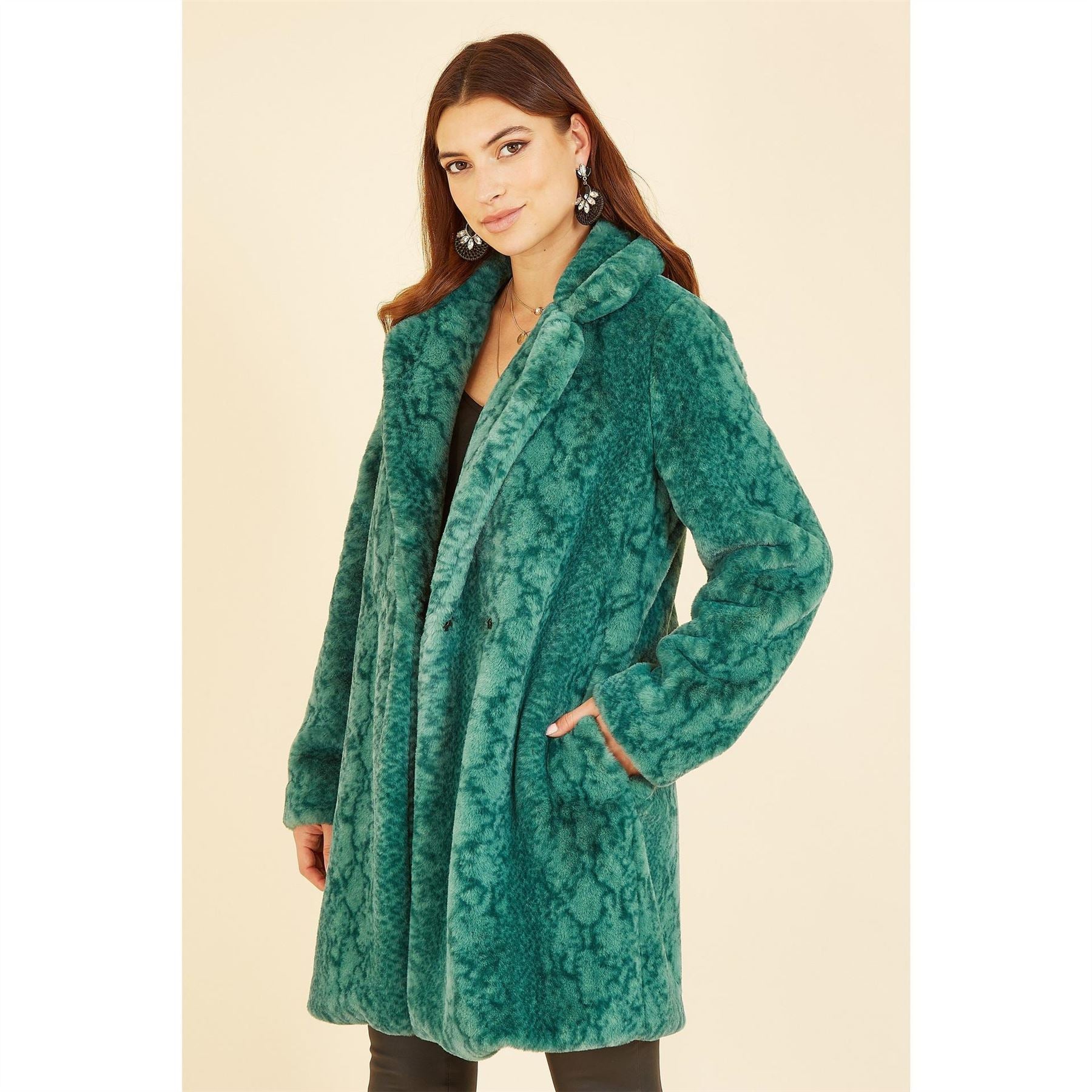 Yumi  Green Snakeskin Print Faux Fur Mid Thigh Coat