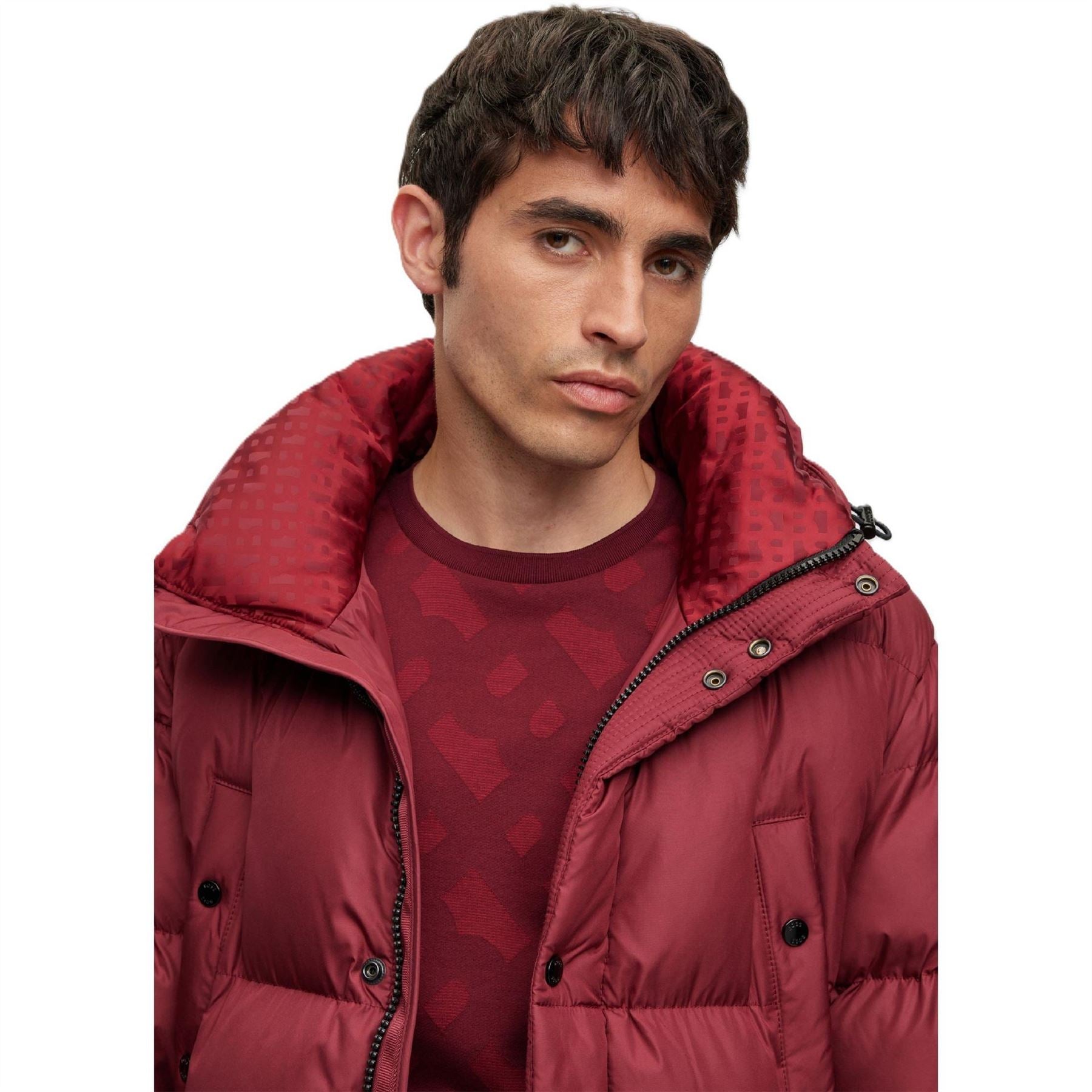 Boss Hooded Solid Patterned Puffer Coat