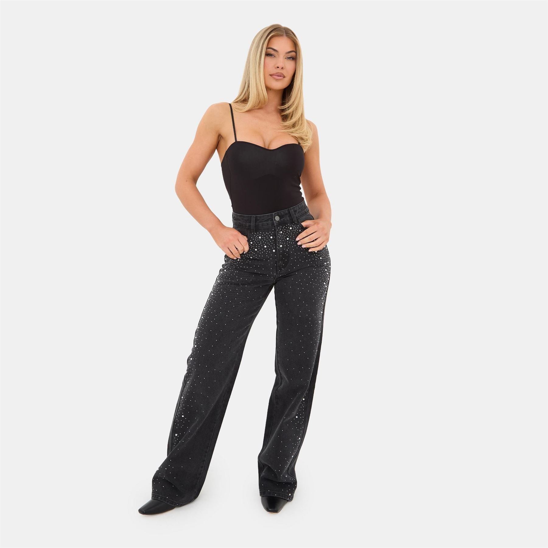 I Saw It First Rhinestone High Waisted Cotton Straight Leg Jeans
