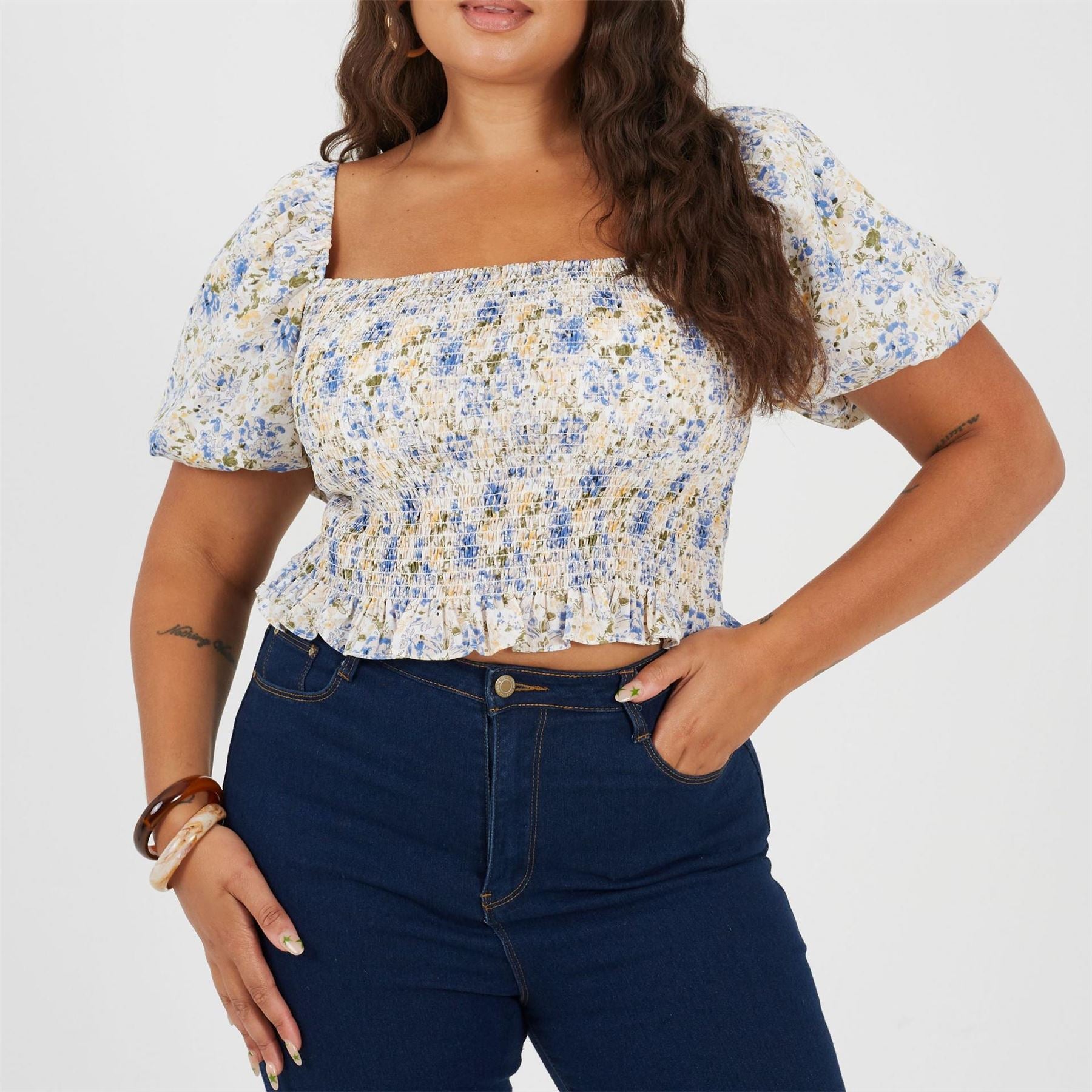 Brave Soul Womens Plus Size Puff Sleeve Top With Ruched And Tie Details.