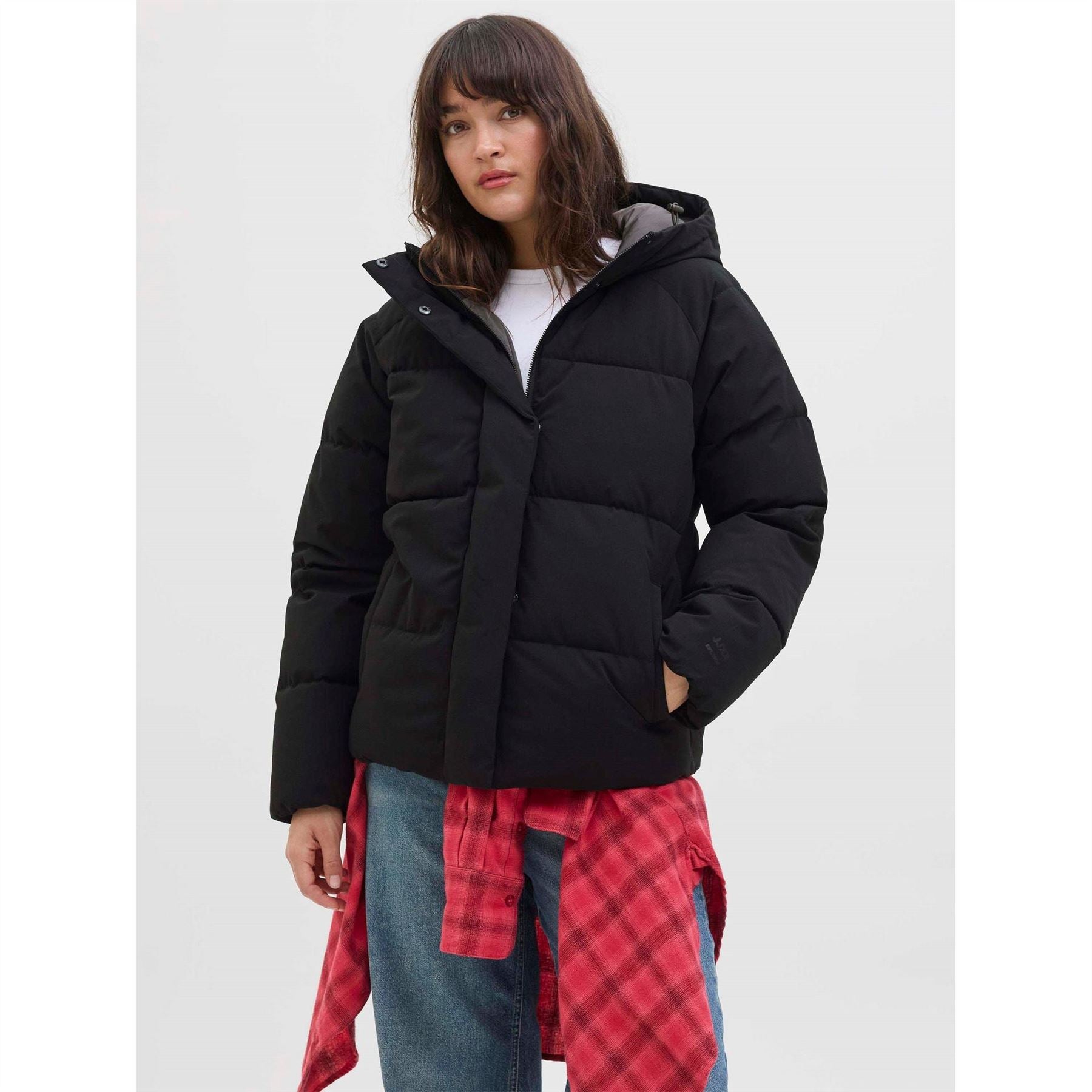 JJXX Womens Global Solid Patterned Hooded Snap Button Puffer Jacket
