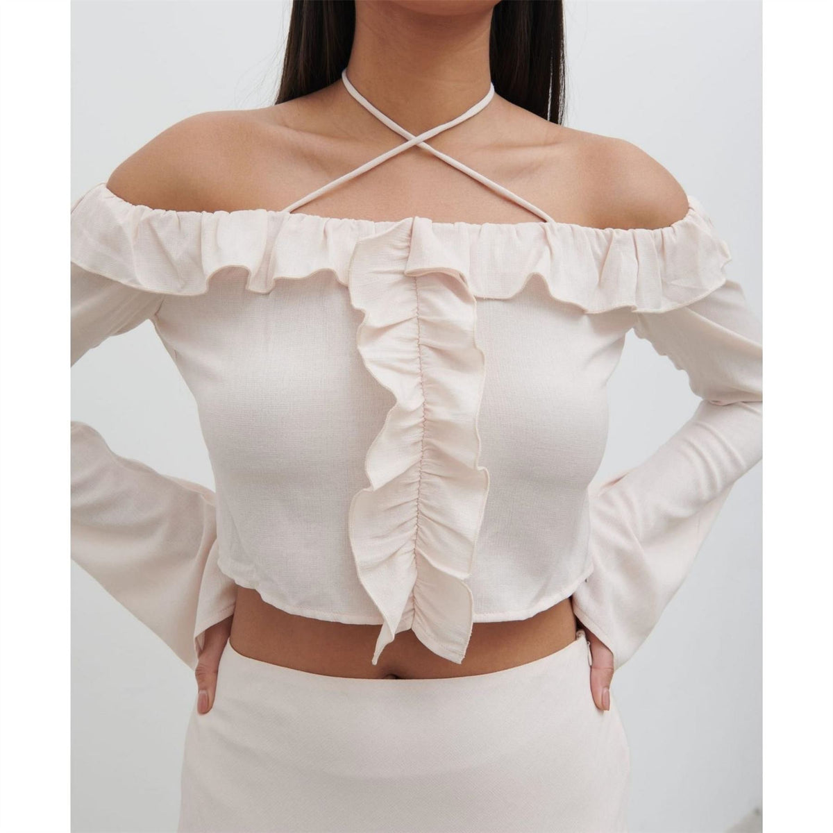 Pretty Lavish Tiffany Ruffle Bardot Long Sleeve Slim Fit Off Shoulder Top