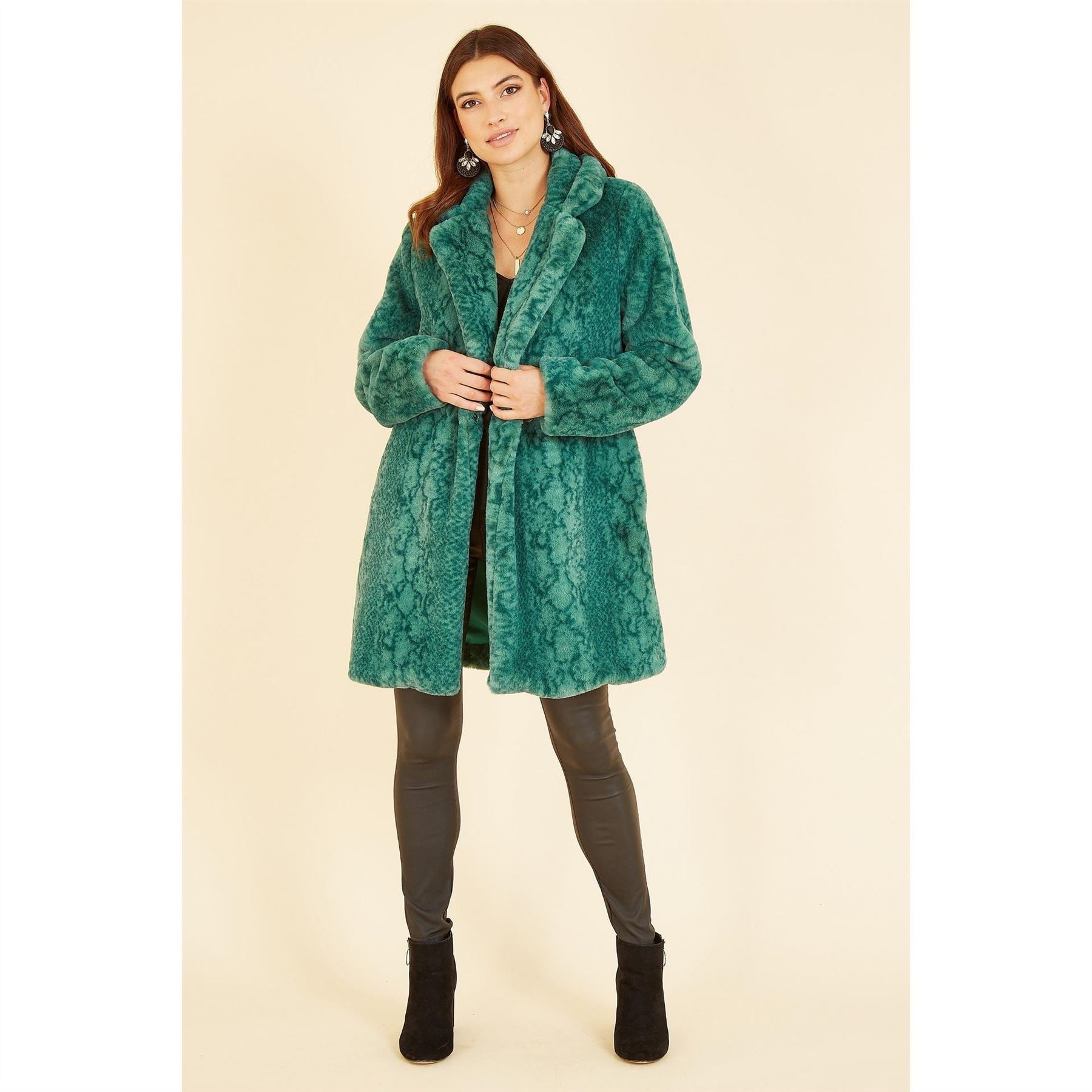 Yumi  Green Snakeskin Print Faux Fur Mid Thigh Coat