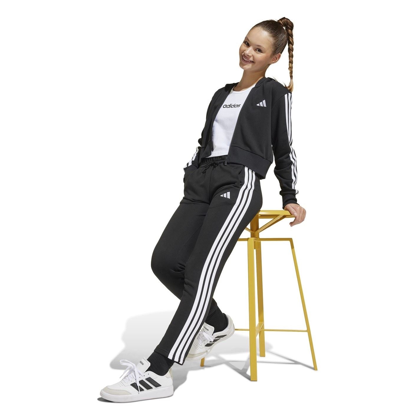adidas Essentials Girls 3 Stripes Zip Track Top Hoodie