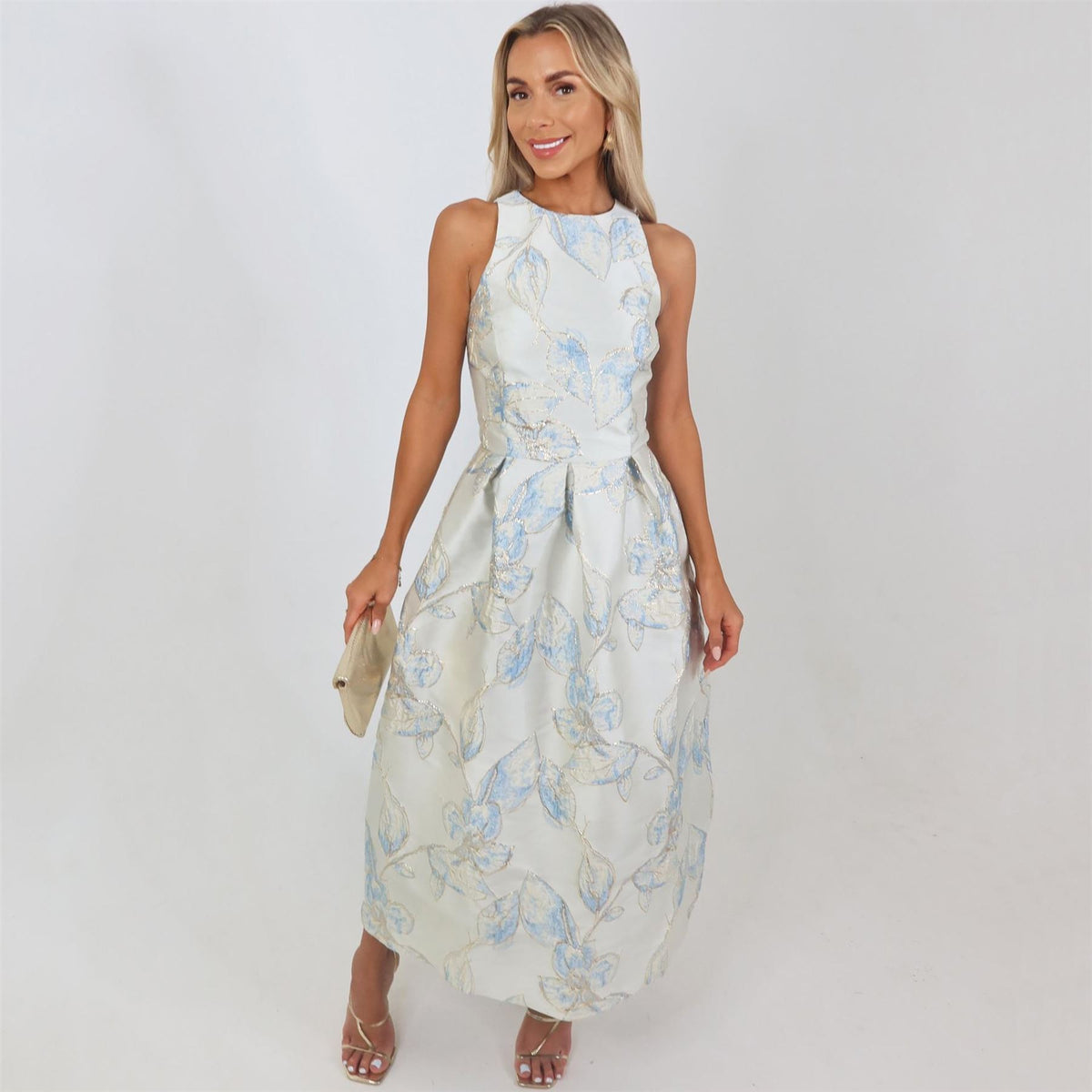 AX Paris Blue Floral Jacquard Racer Neck A Line Midi Dress