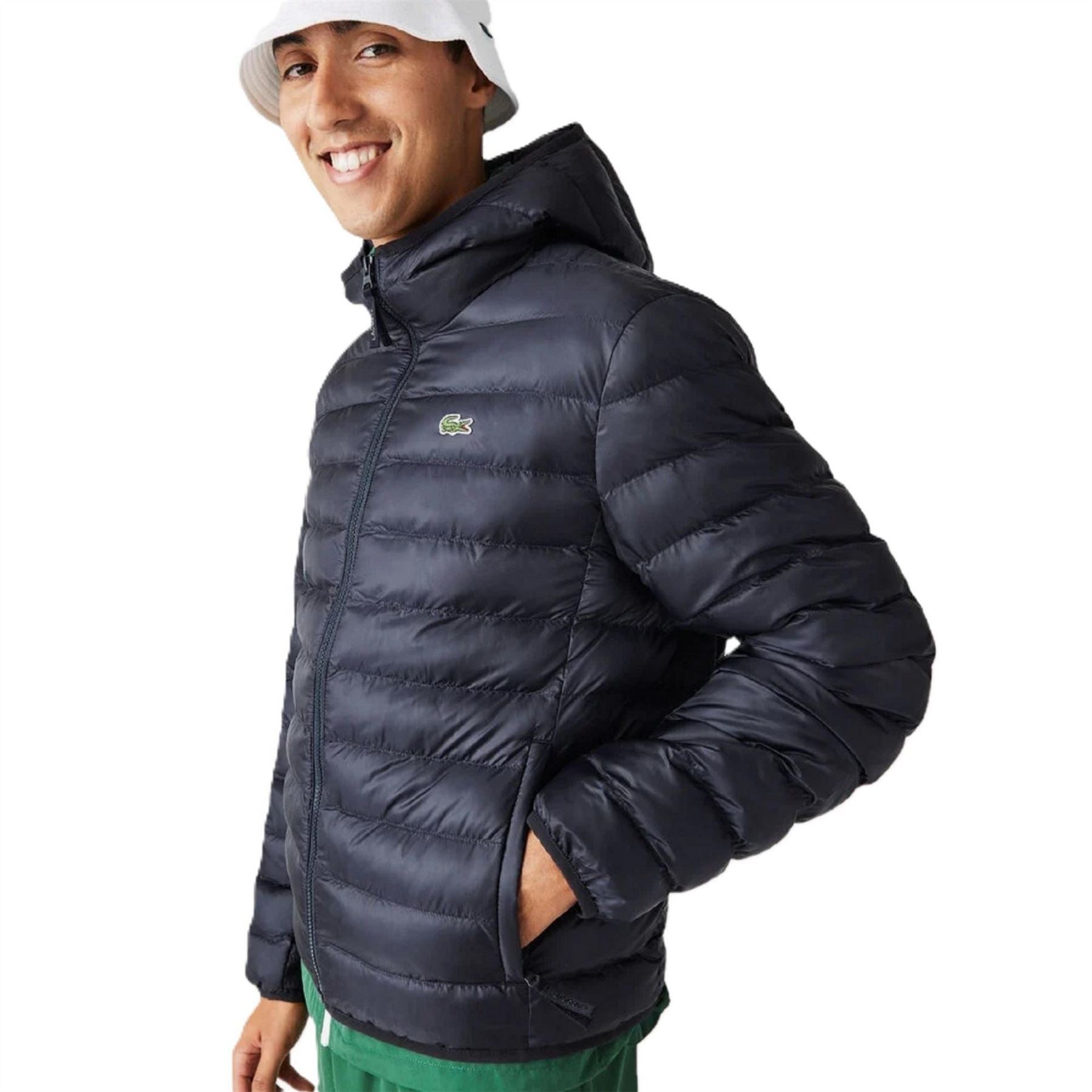 Lacoste Solid Patterned Hooded Quilted Puffer Jacket