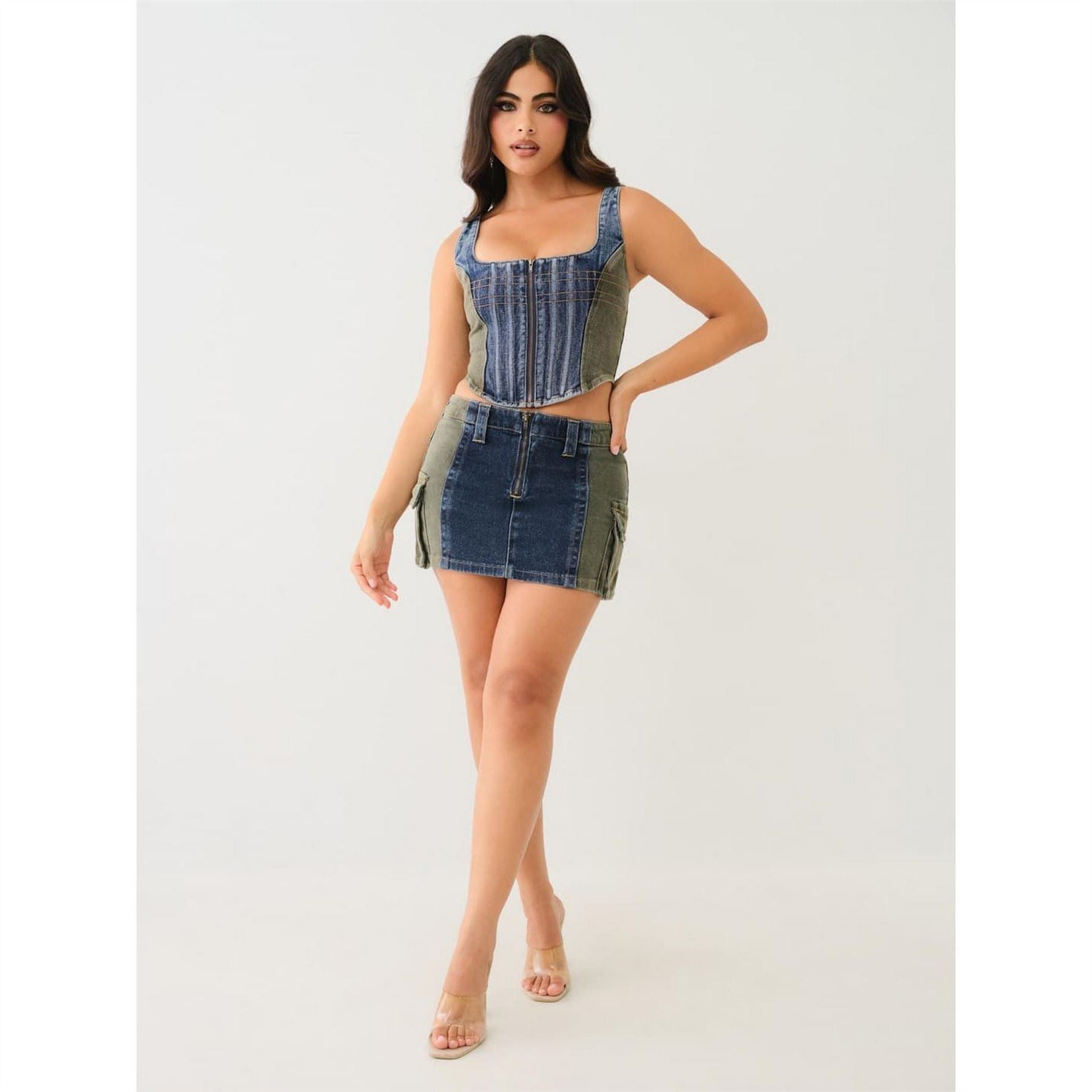True Religion Colour Block Mini Denim Skirt