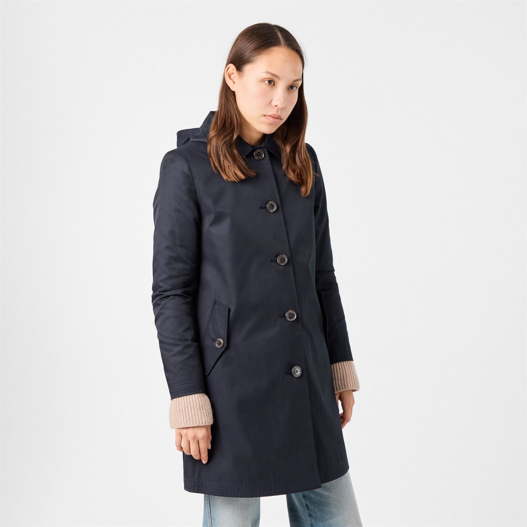 Lauren by Ralph Lauren Solid Patterned Hooded Neck Trench Coat