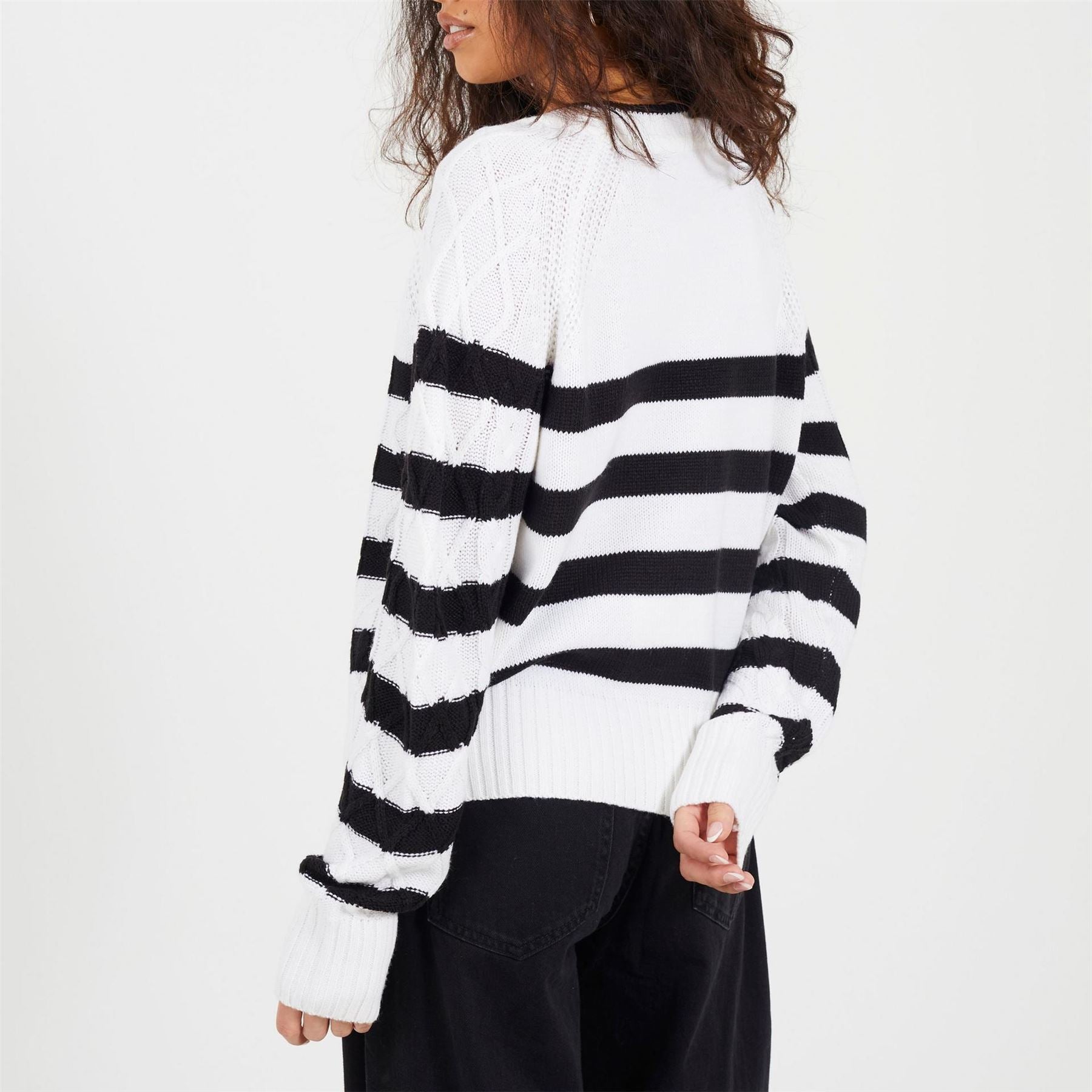 Brave Soul Cable Knit Crew Neck Jumper With Stripes