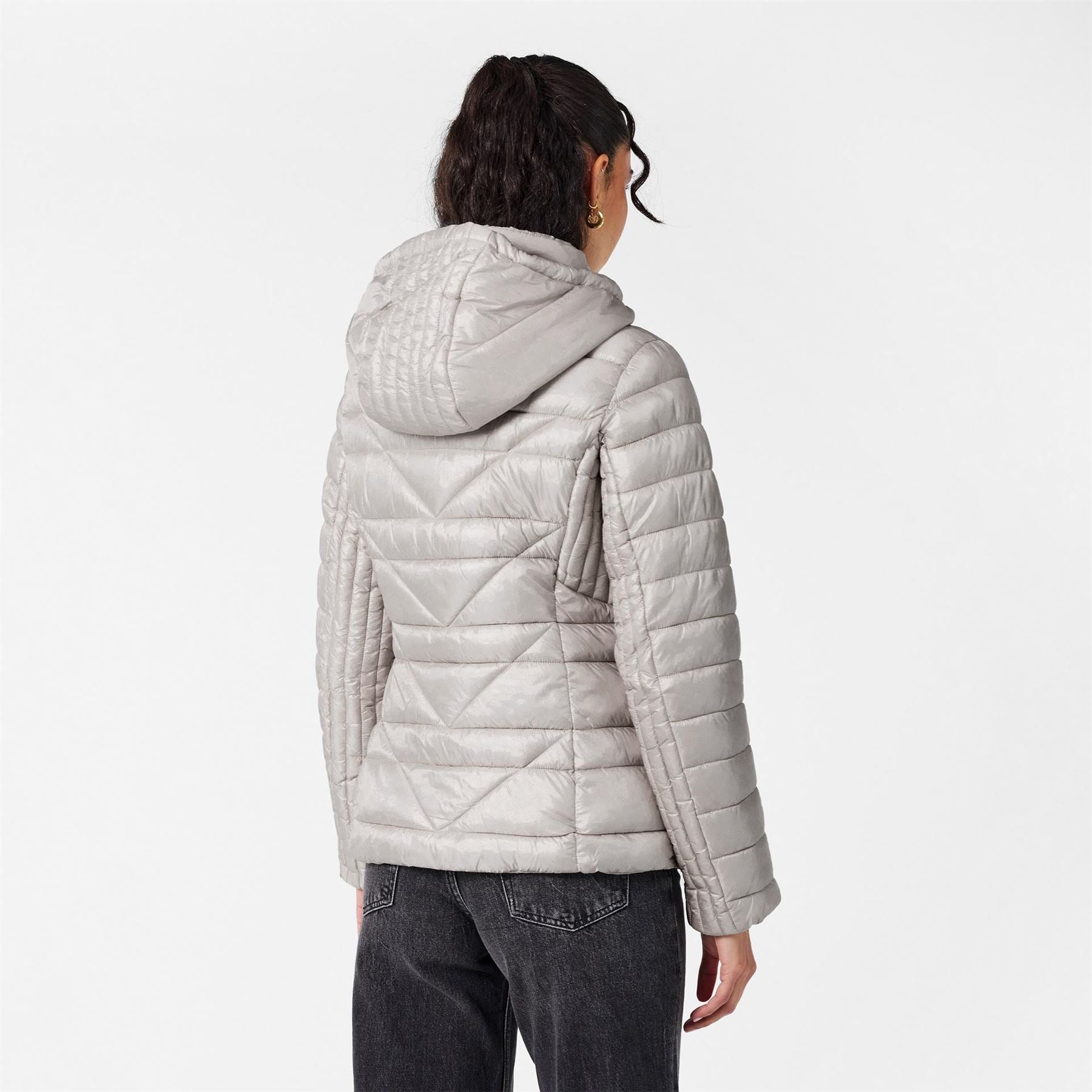 Karl Lagerfeld Solid Patterned Hooded Zipped Pocket Puffer Jacket