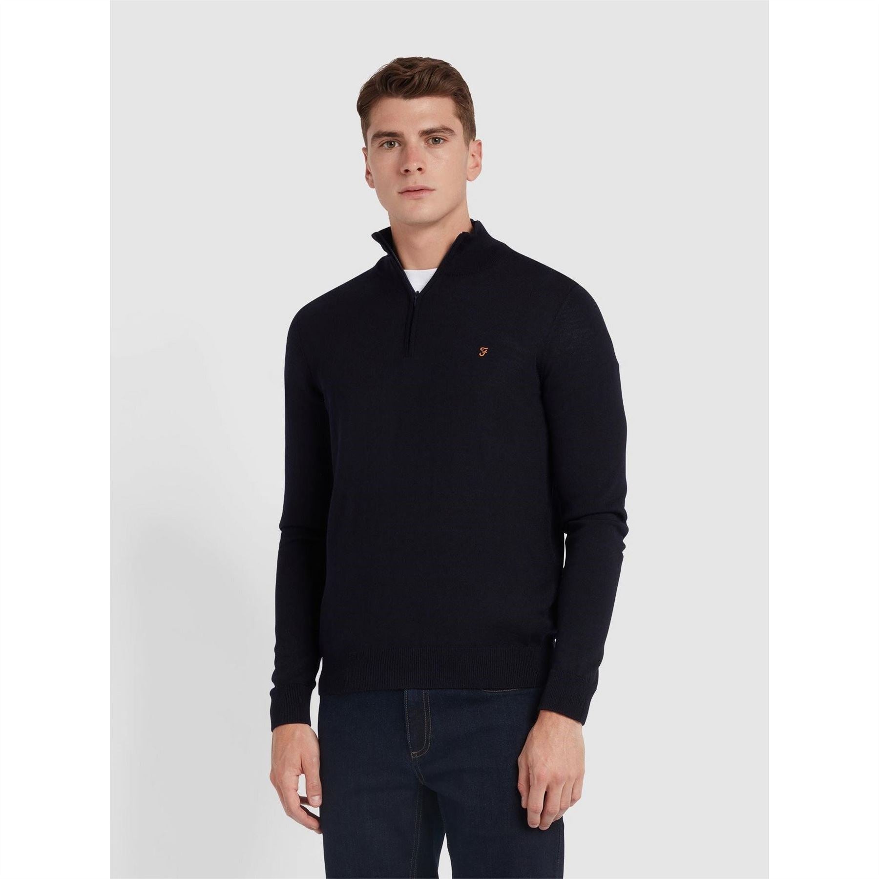 Farah Zip Neck Ribbed Collar Long Sleeve Sweater