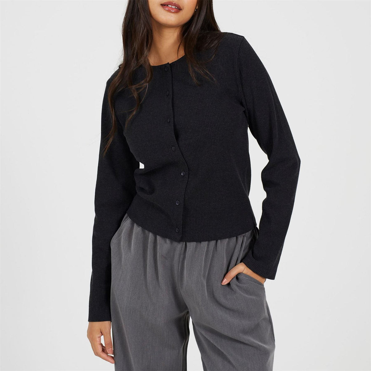 Brave Soul Womens Long Sleeve Ribbed Top With Button Down Front