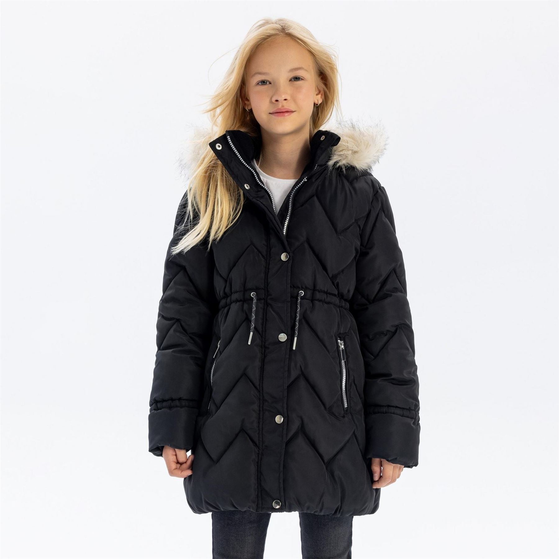 Minoti Girls Mid Length Quilted Winter Jacket Faux Fur Hood Black