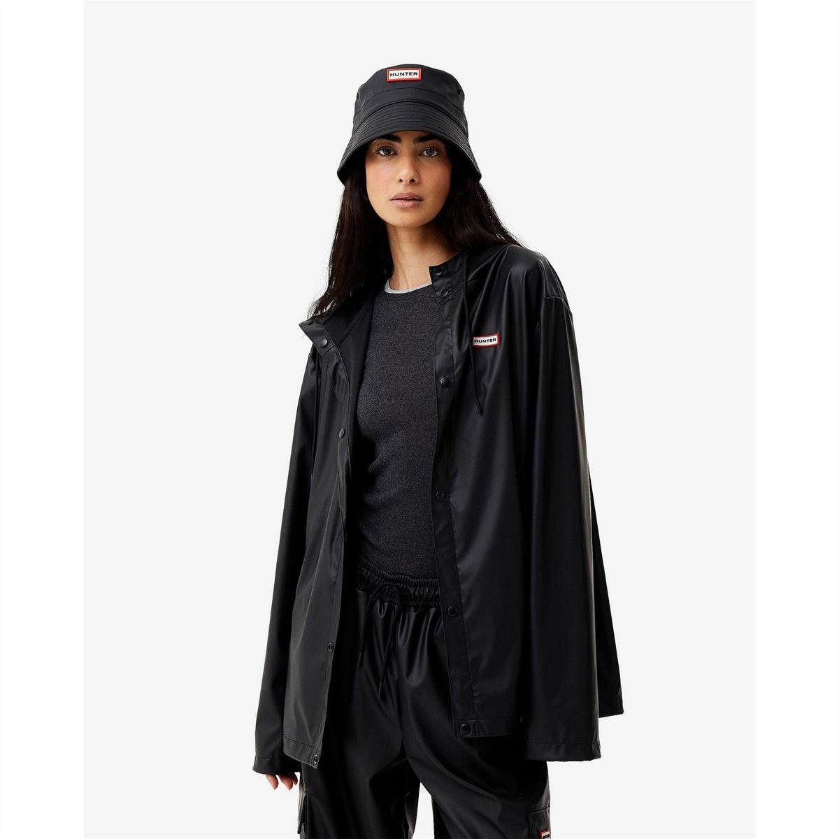 Hunter Solid Patterned Hooded Snap Button Rain Jacket