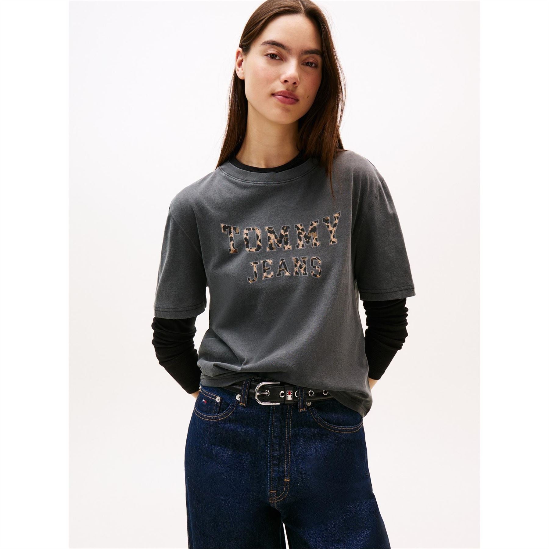 Tommy Jeans Leopard Lettered Crew Neck Short Sleeve T-Shirt