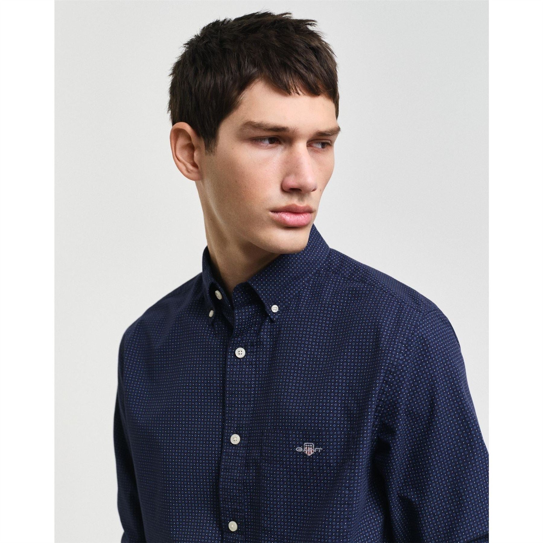 Gant Micro Print Evening Blue Long Sleeve Patterned Shirt