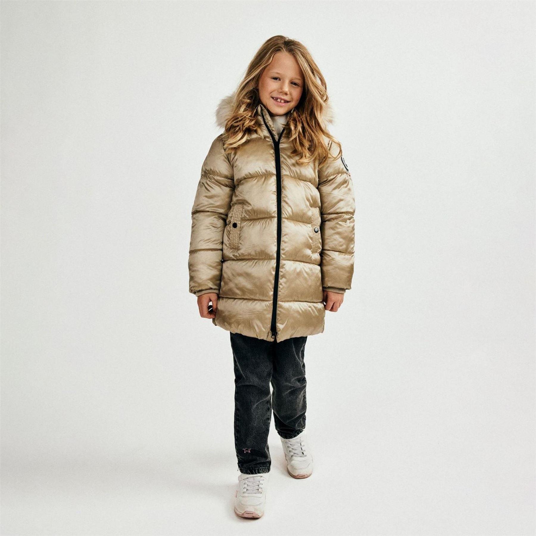 Minoti Girls Long Quilted Winter Coat With Faux Fur Trim Gold