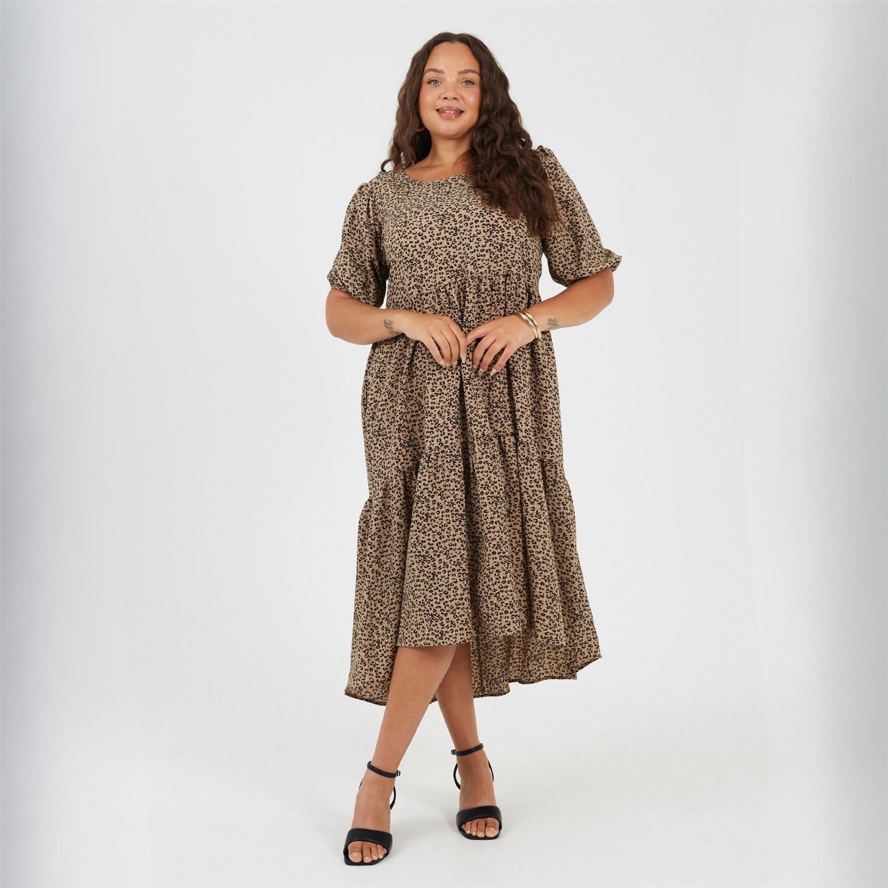 Brave Soul Plus Size Short Sleeve Animal Print Midi Dress With Tiered Hem