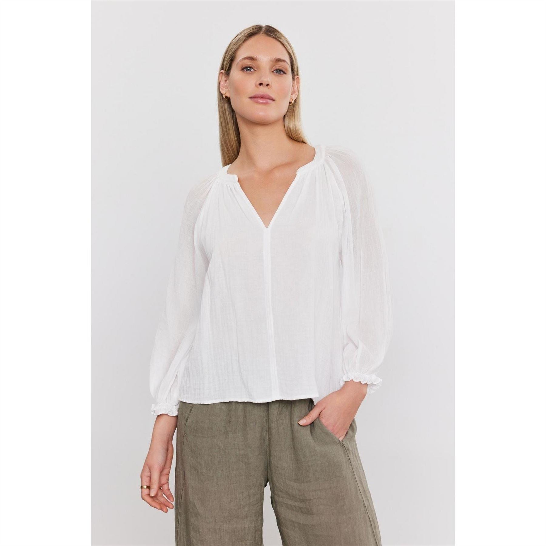 Velvet by Graham and Spencer Regular Fit V-Neck Bishop Sleeve Blouse