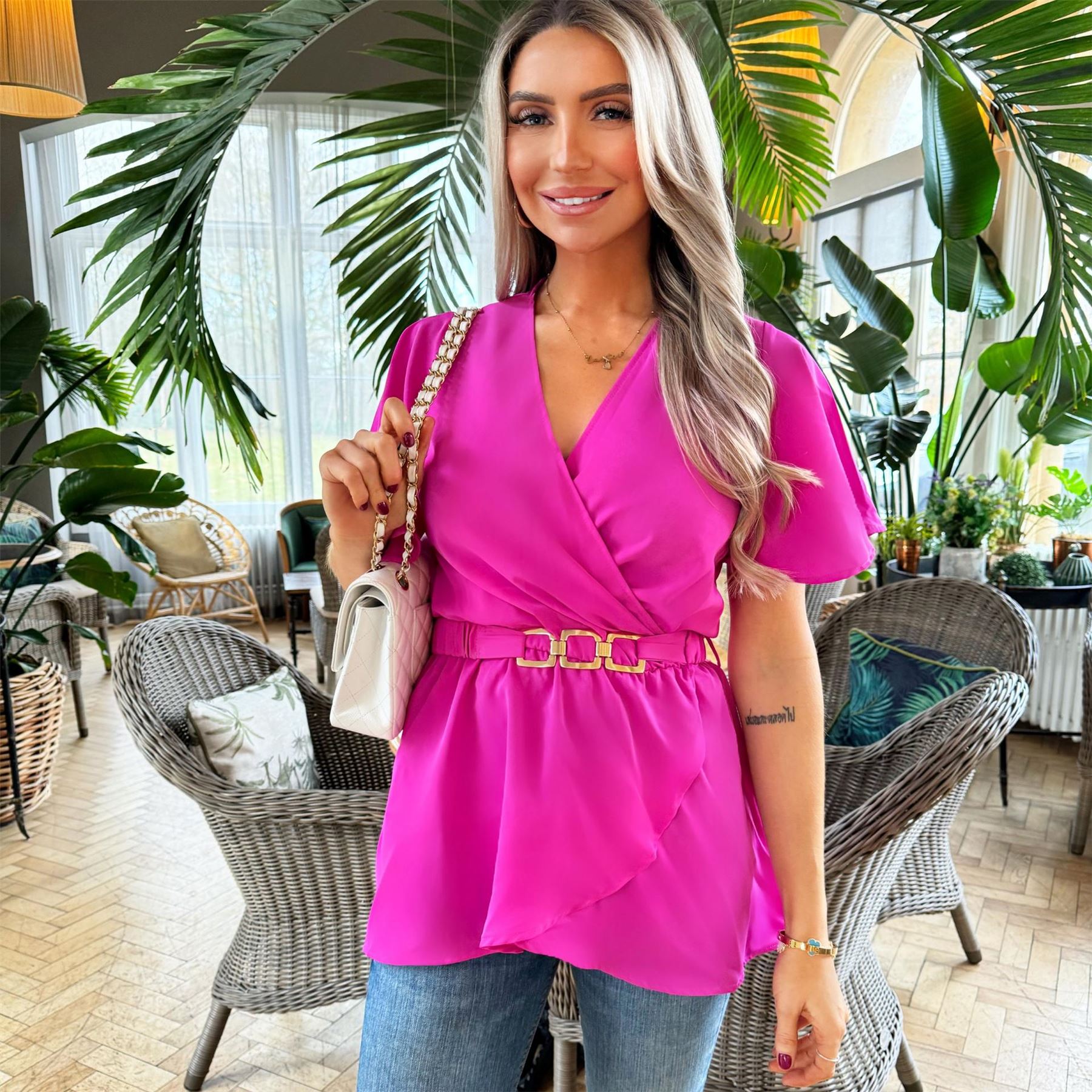 AX Paris Short Sleeve Wrap Belted Top
