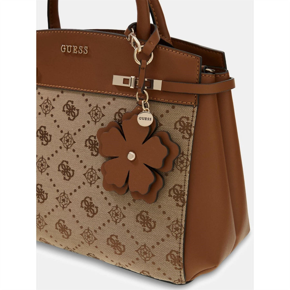 Guess Melinda All Over Logo Satchel with Gold Tone Hardware