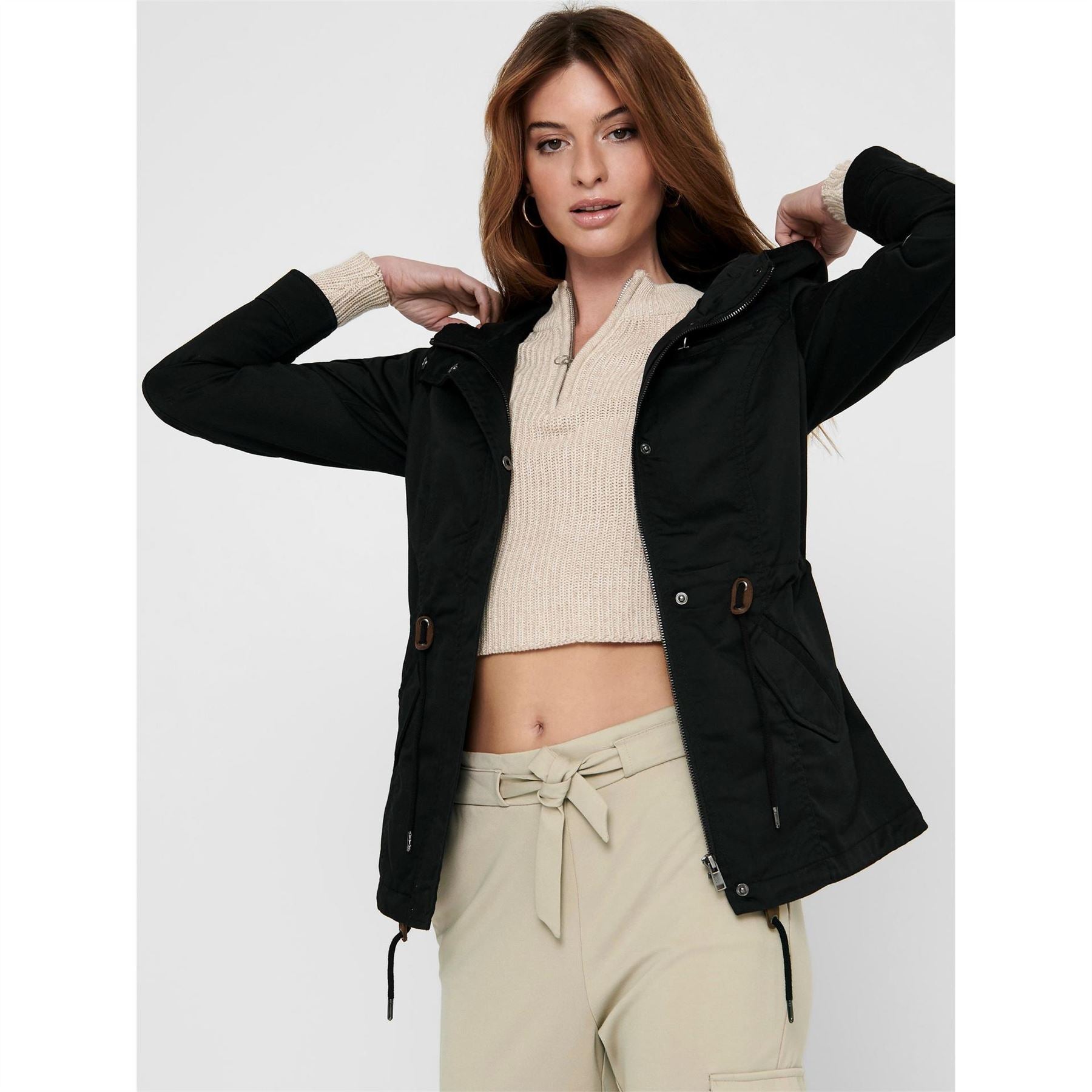Only Solid Patterned Hooded Drawstring Parka Jacket