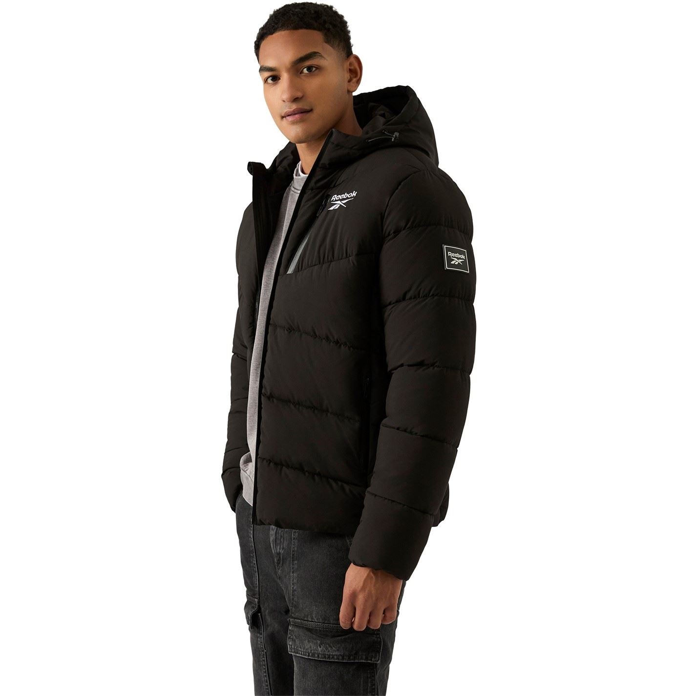 Reebok Solid Patterned Hooded Puffer Jacket