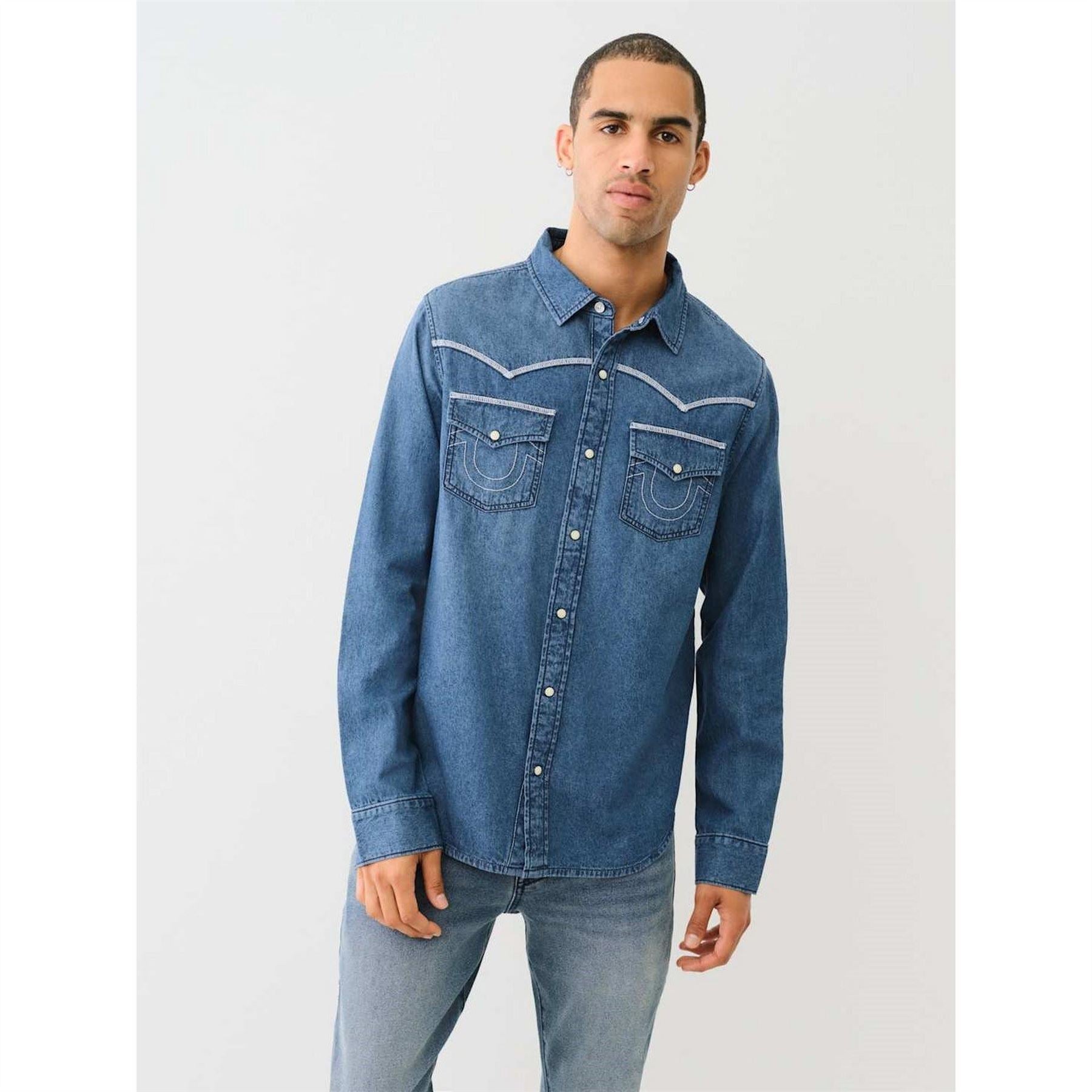 True Religion Mens Chambray Long Sleeve Flannel Shirt