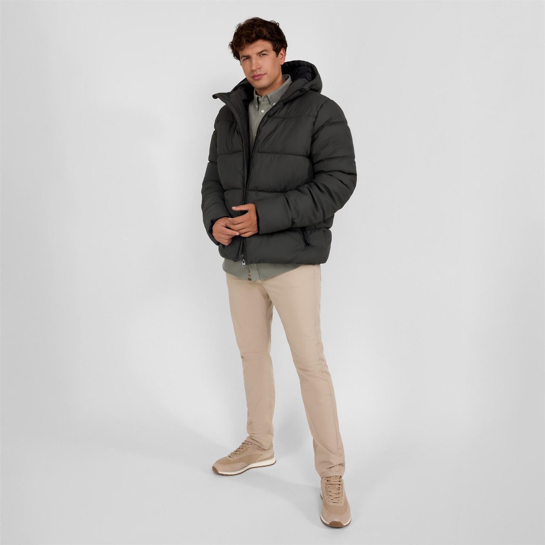 Minoti Men Padded Jacket With Hood Zip Pockets Khaki