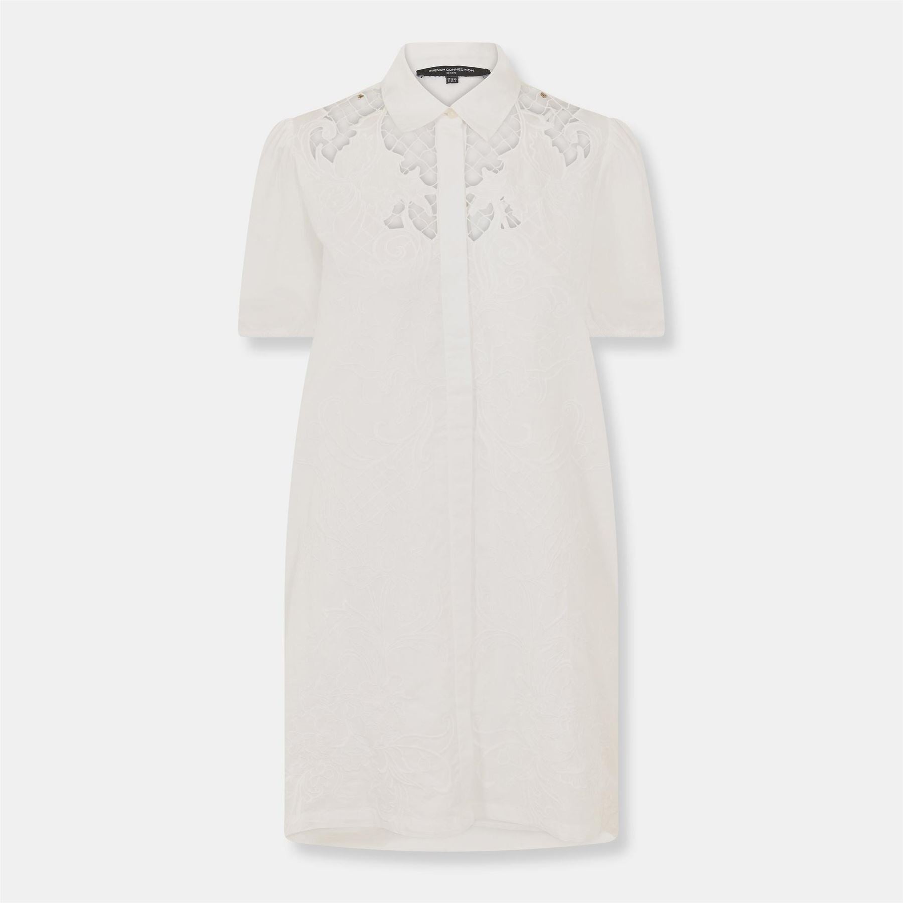French Connection Mini Shirt Dress with Puff Sleeves and Embroidery