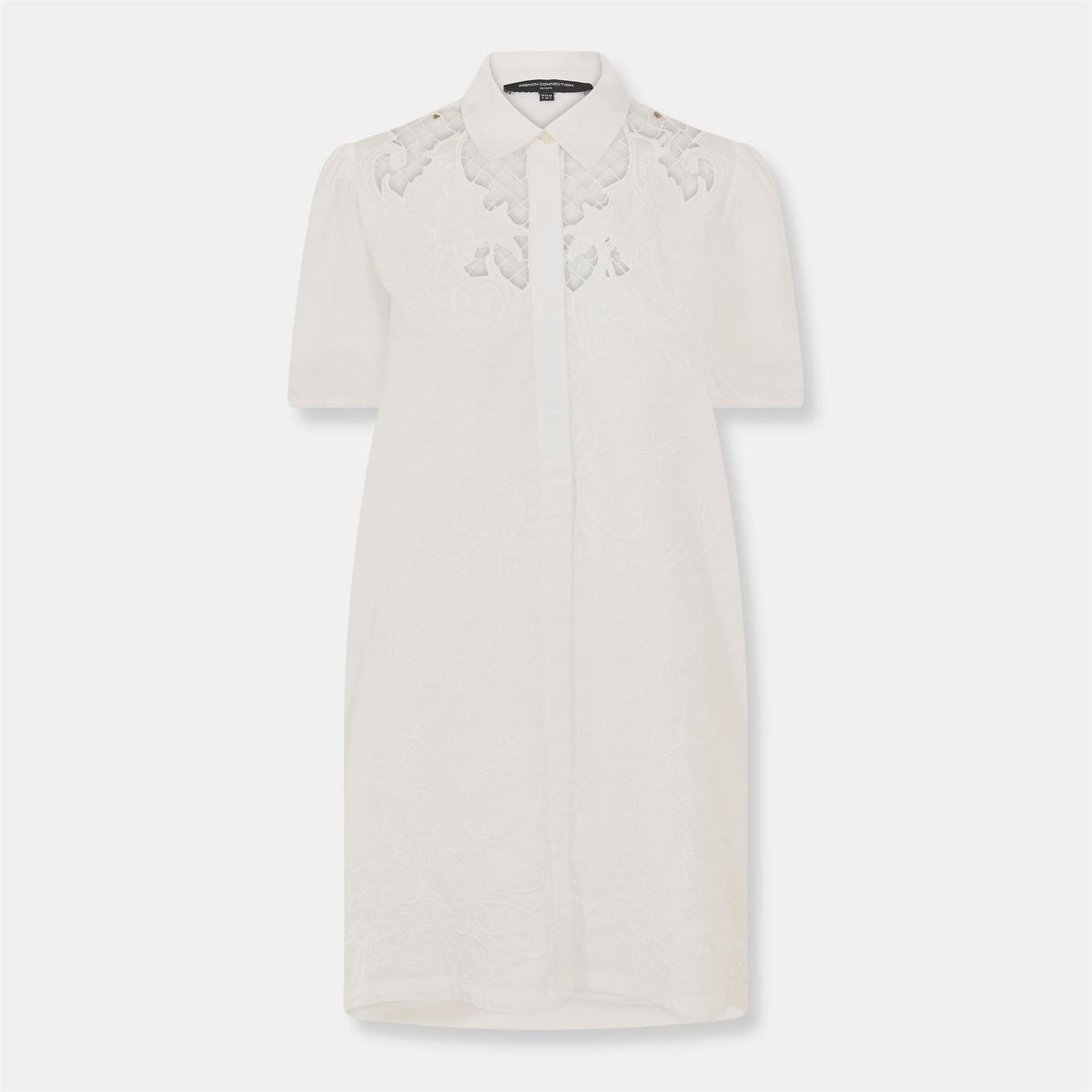 French Connection Mini Shirt Dress with Puff Sleeves and Embroidery