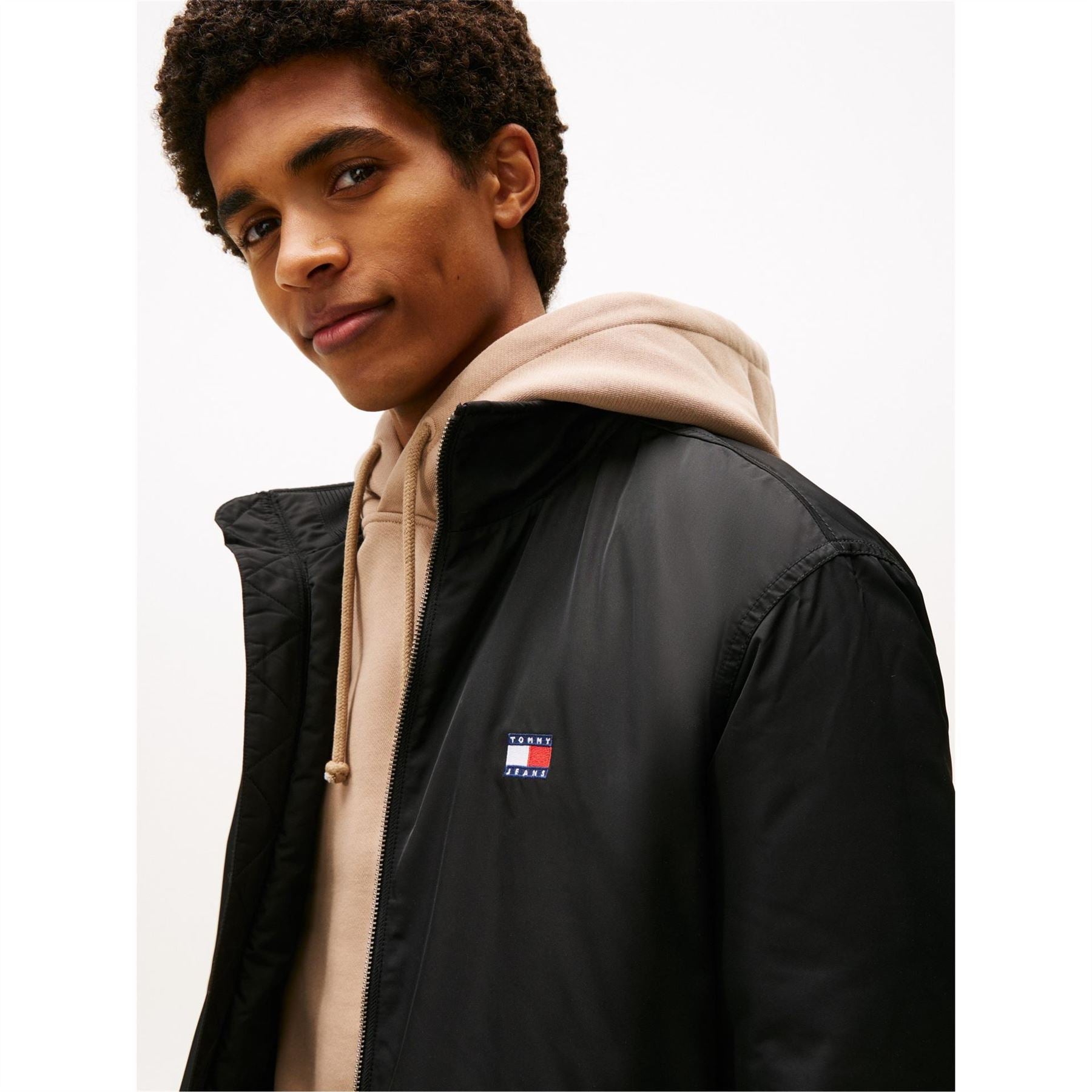 Tommy Jeans Solid Patterned Ribbed Cuff Mock Neck Harrington Jacket