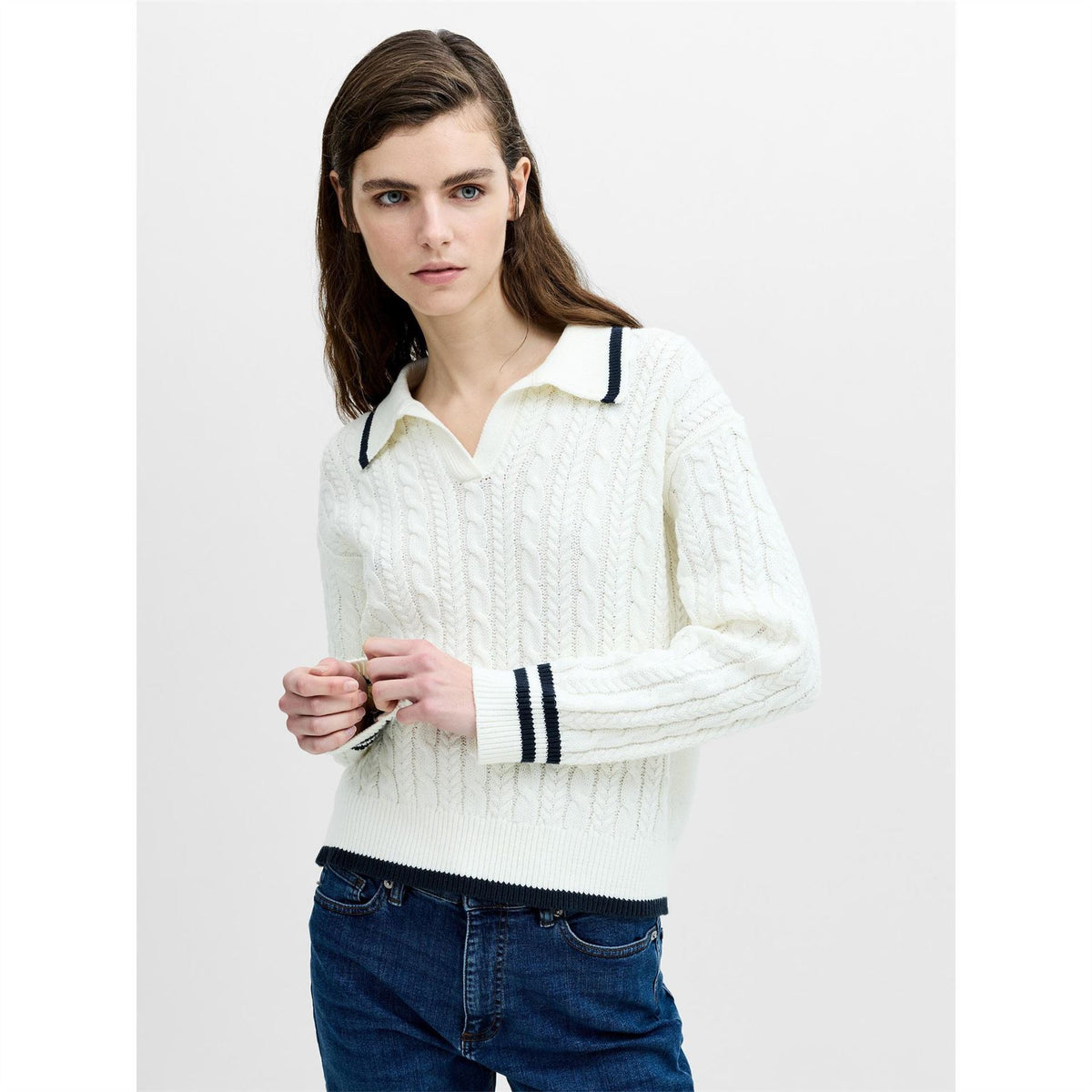 French Connection Klara Cable Knit V Neck Long Sleeve Jumper