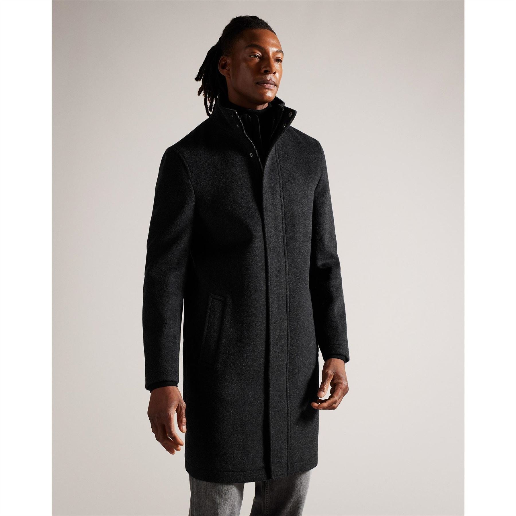 Ted Baker Solid Patterned Snap Button High Neck Overcoat