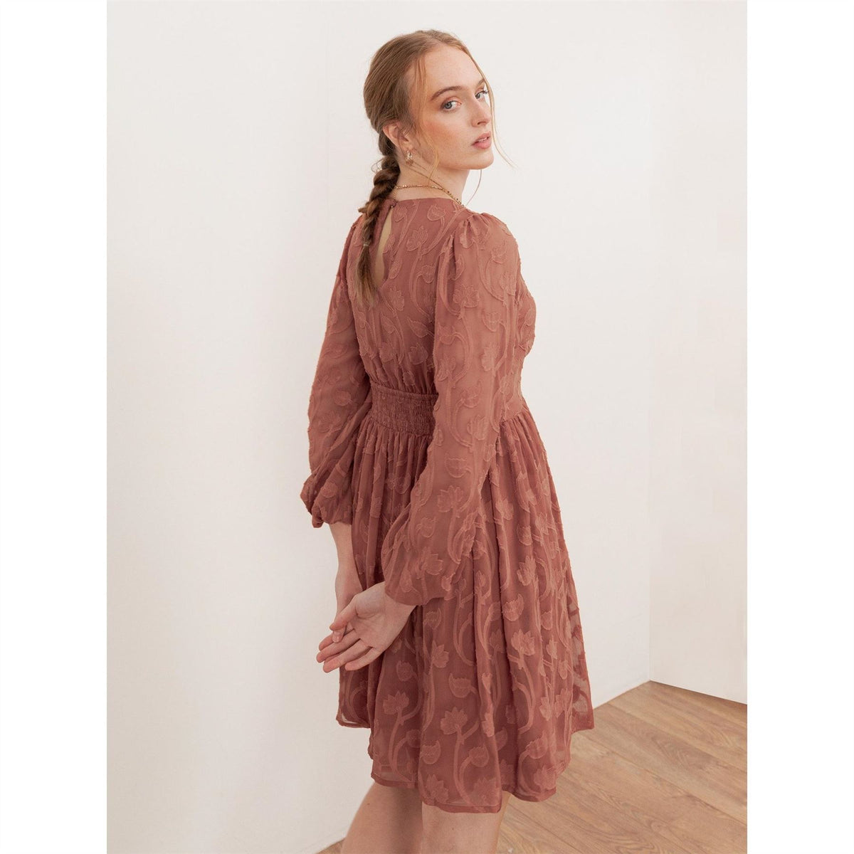Lovedrobe Terracotta Floral Burnout Maxi Sleeve Mini Dress