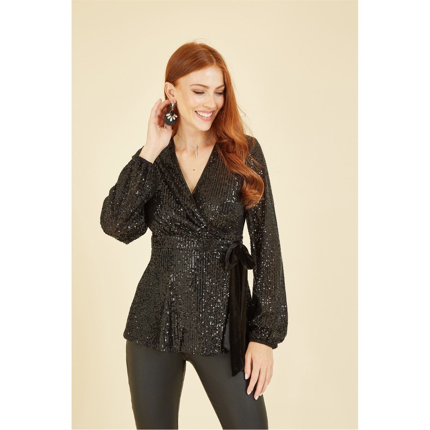 Yumi Sequin Wrap Top With Velvet Tie