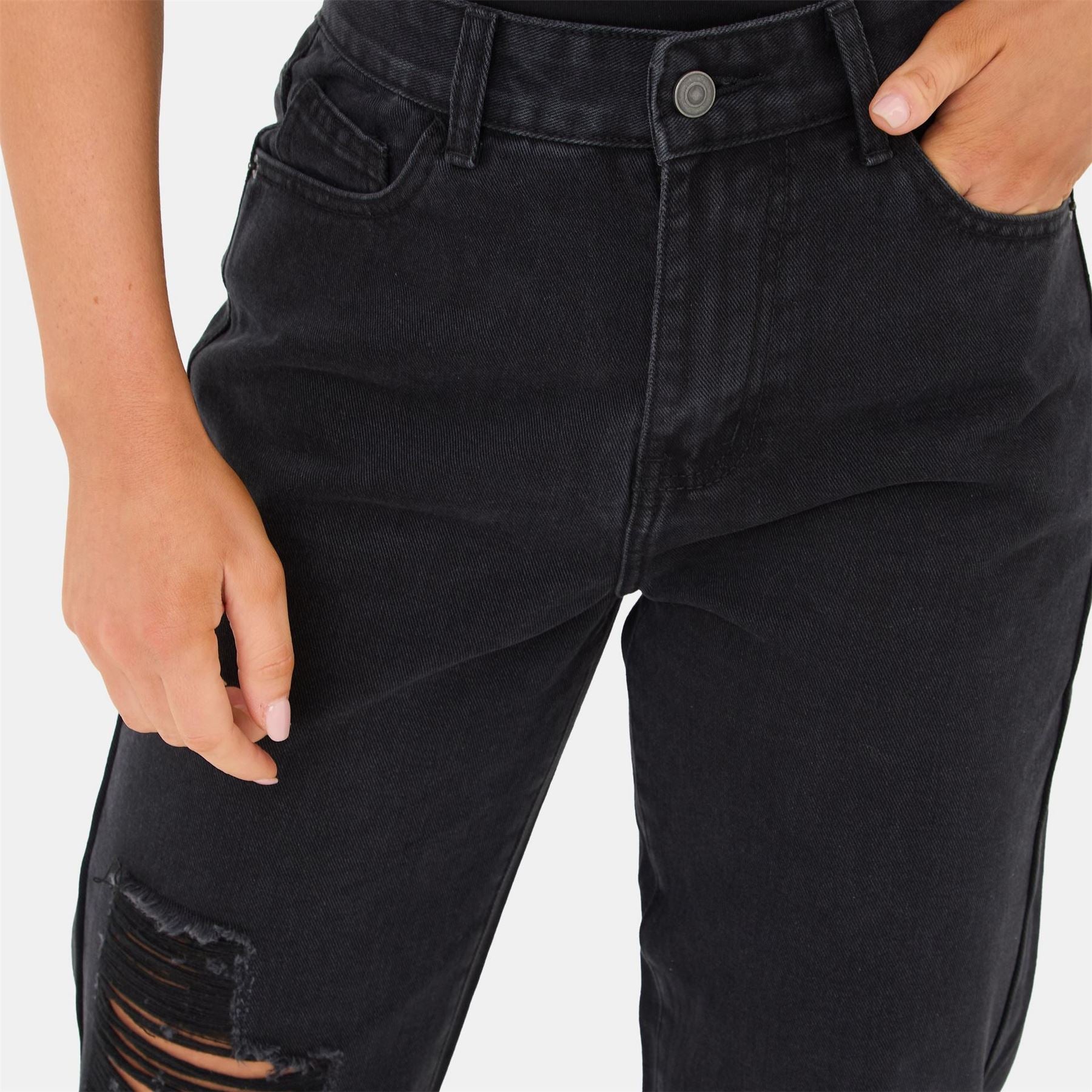 I Saw It First High Waisted Distressed Cotton Straight Leg Jeans