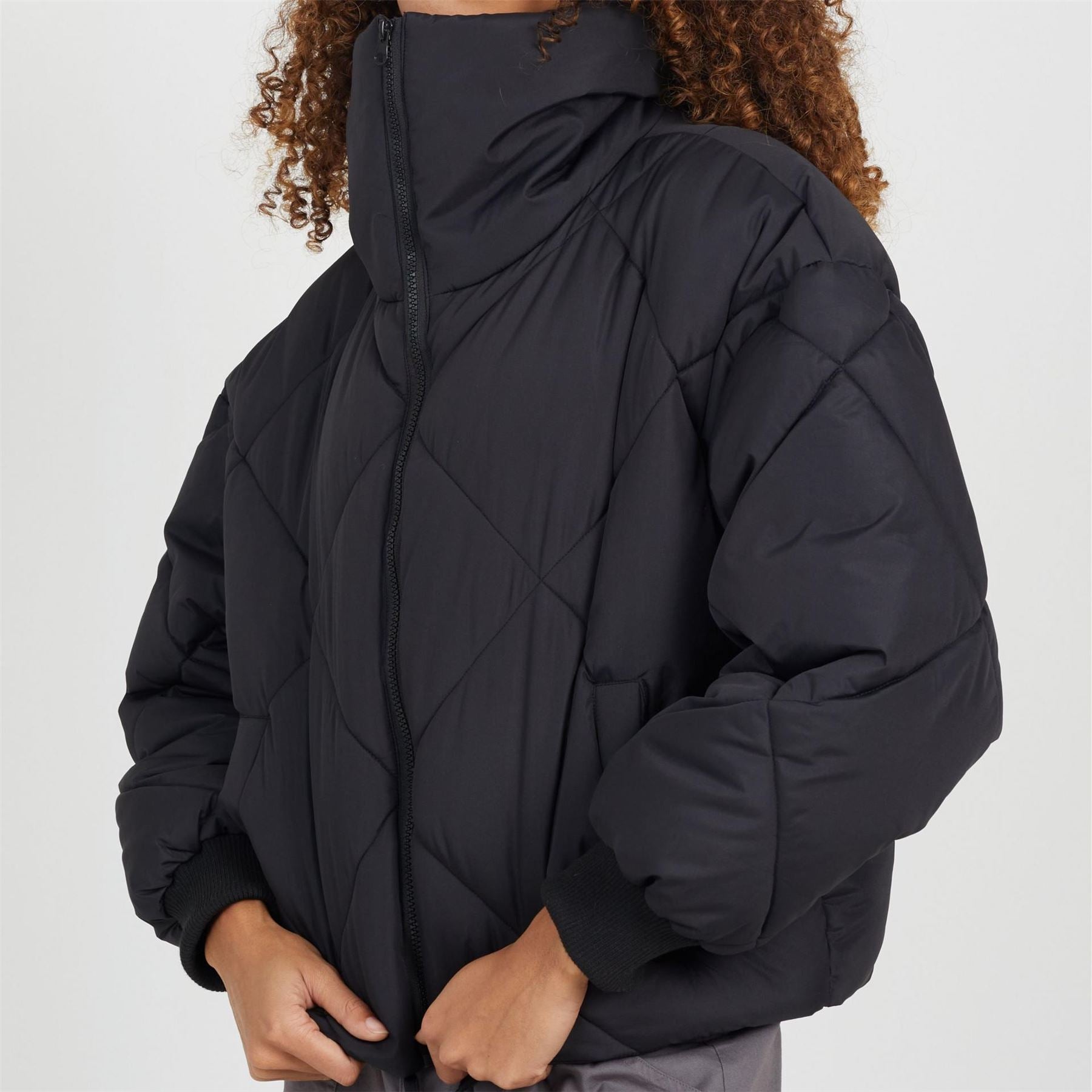 Brave Soul Diamond Quilted Short Padded Jacket With Funnel Neck