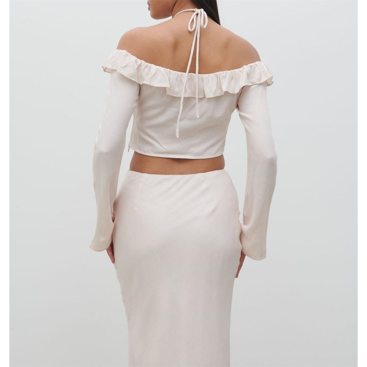 Pretty Lavish Tiffany Ruffle Bardot Long Sleeve Slim Fit Off Shoulder Top