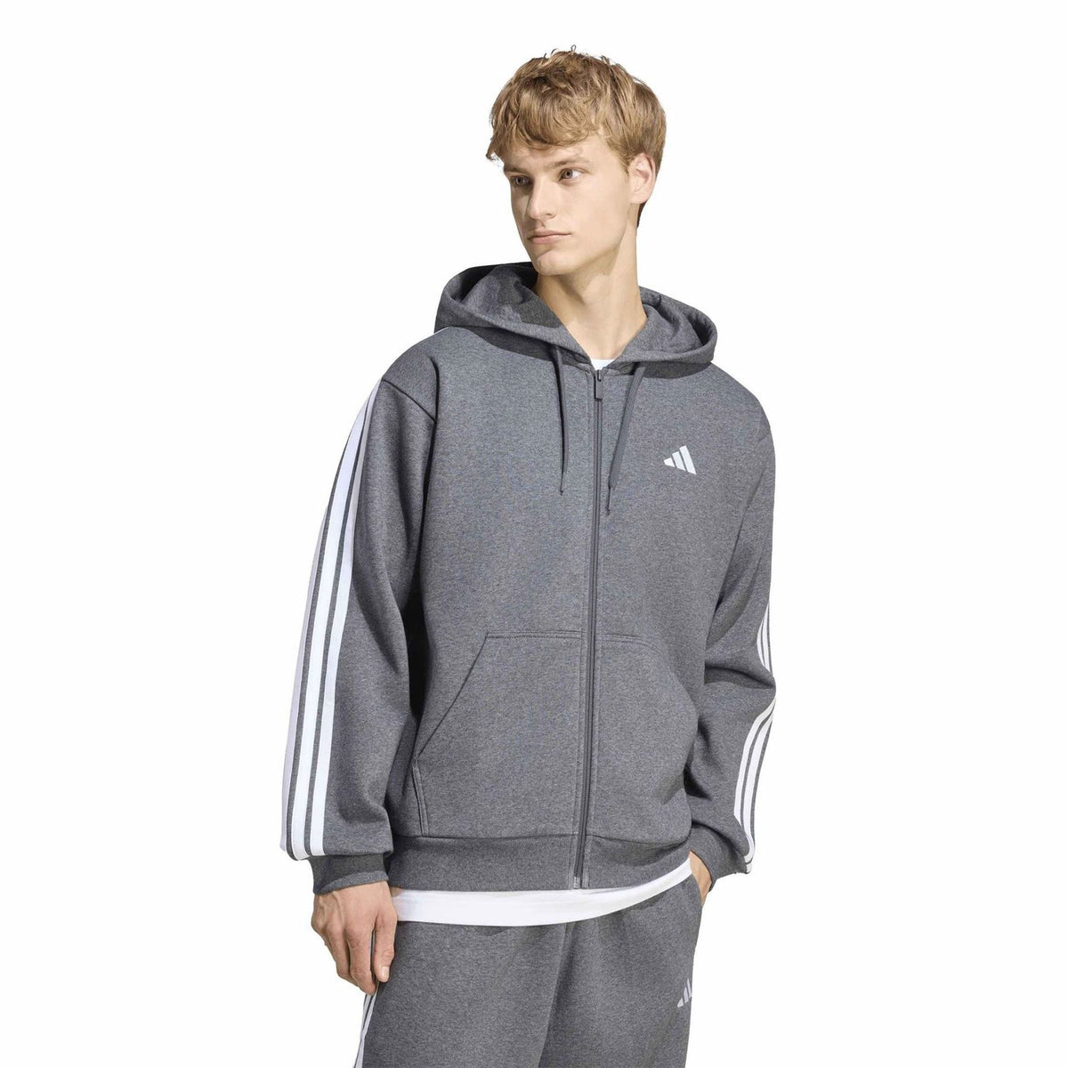 adidas Mens Essentials Fleece 3 Stripes Full Zip Hoodie