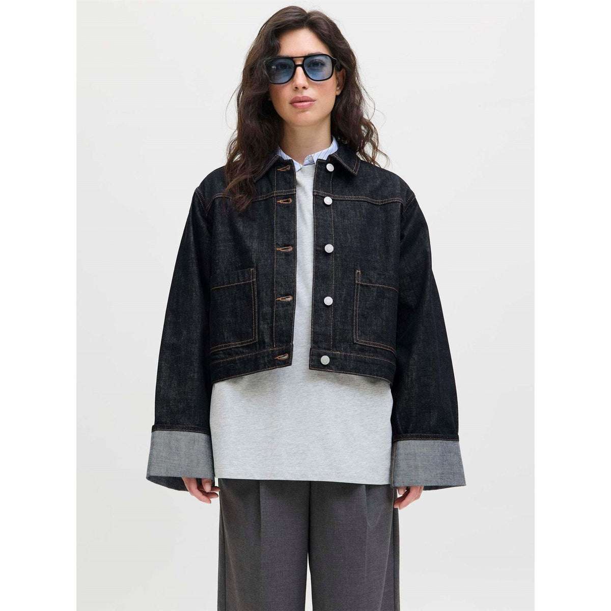 JJXX Solid Patterned Roll Up Cuff Denim Jacket