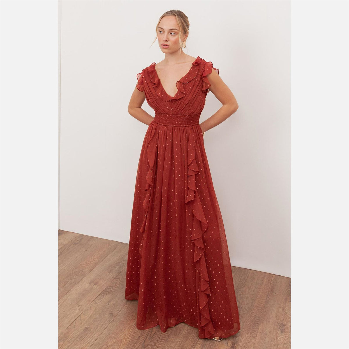 Anaya With Love With Love Recycled Chilli Red Plunge Neck Waterfall Ruffle Maxi Dress