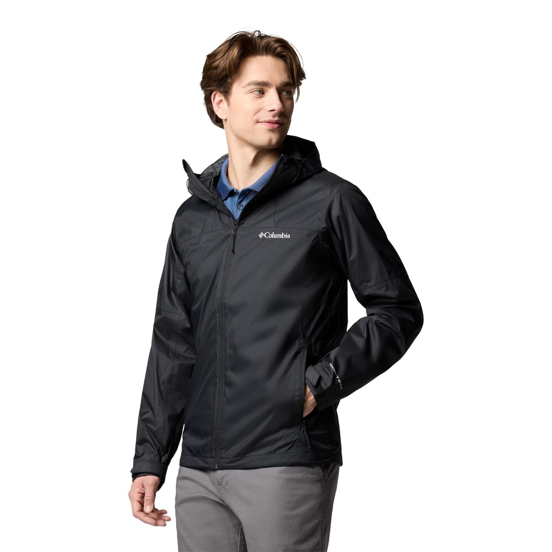 Columbia Inner Color Block Hooded Drawstring Zipped Pocket Rain Jacket