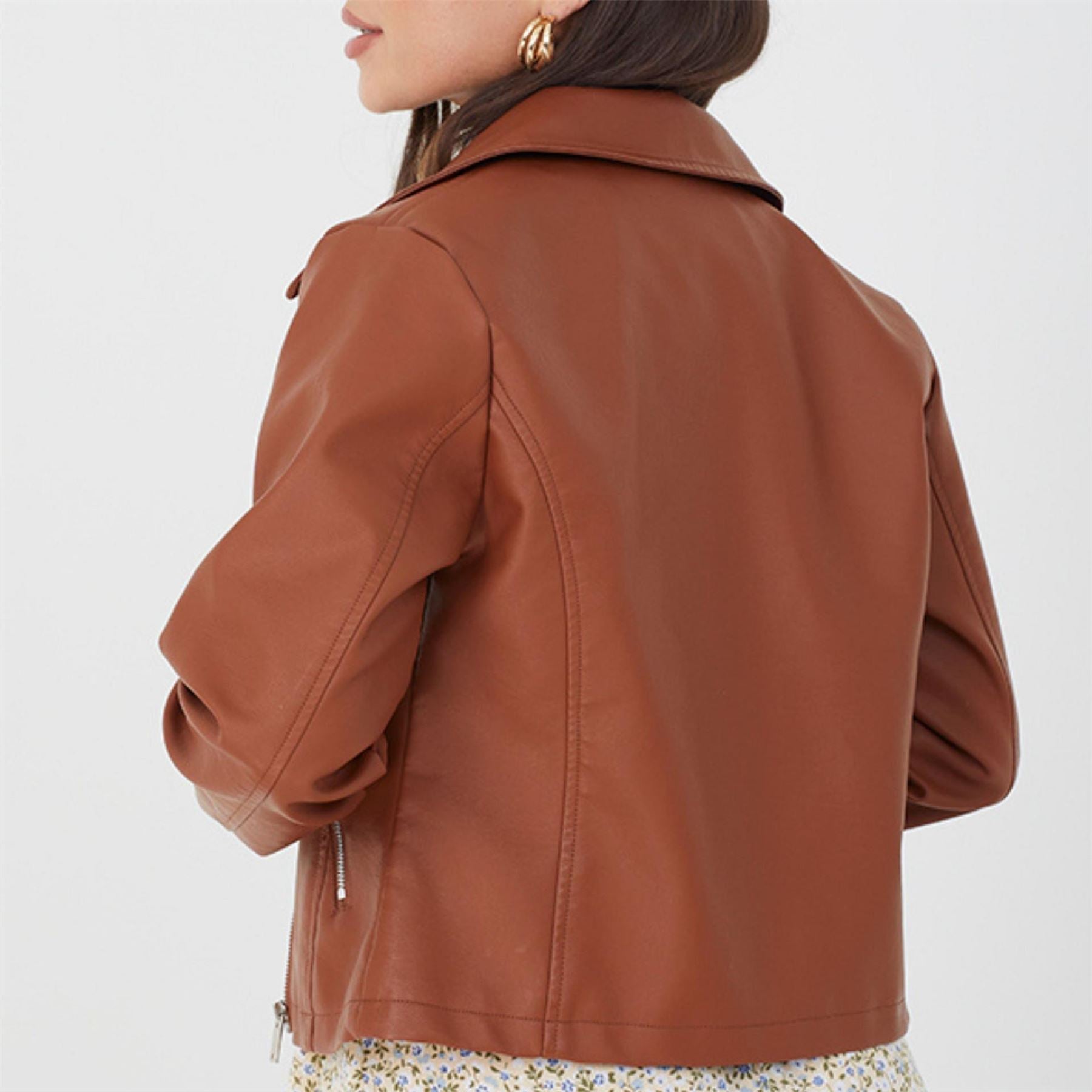 Brave Soul Womens Faux Leather Tan Biker Jacket