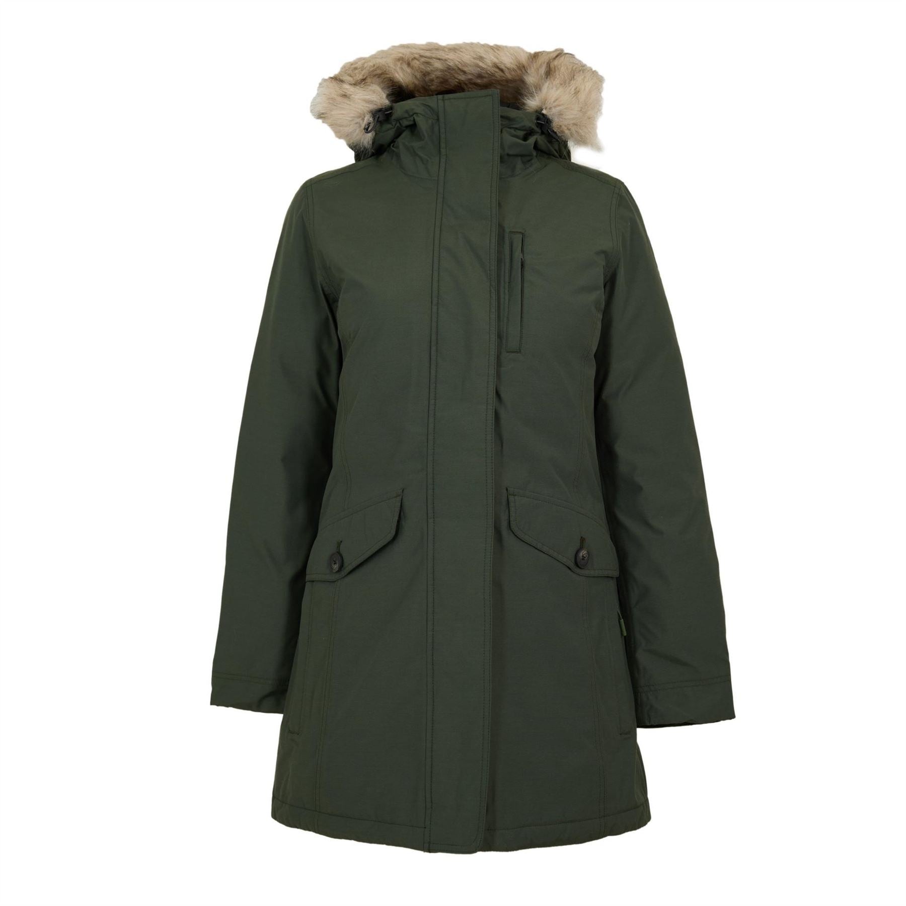 Timberland Solid Patterned Snap Button Fur Trim Parka Coat