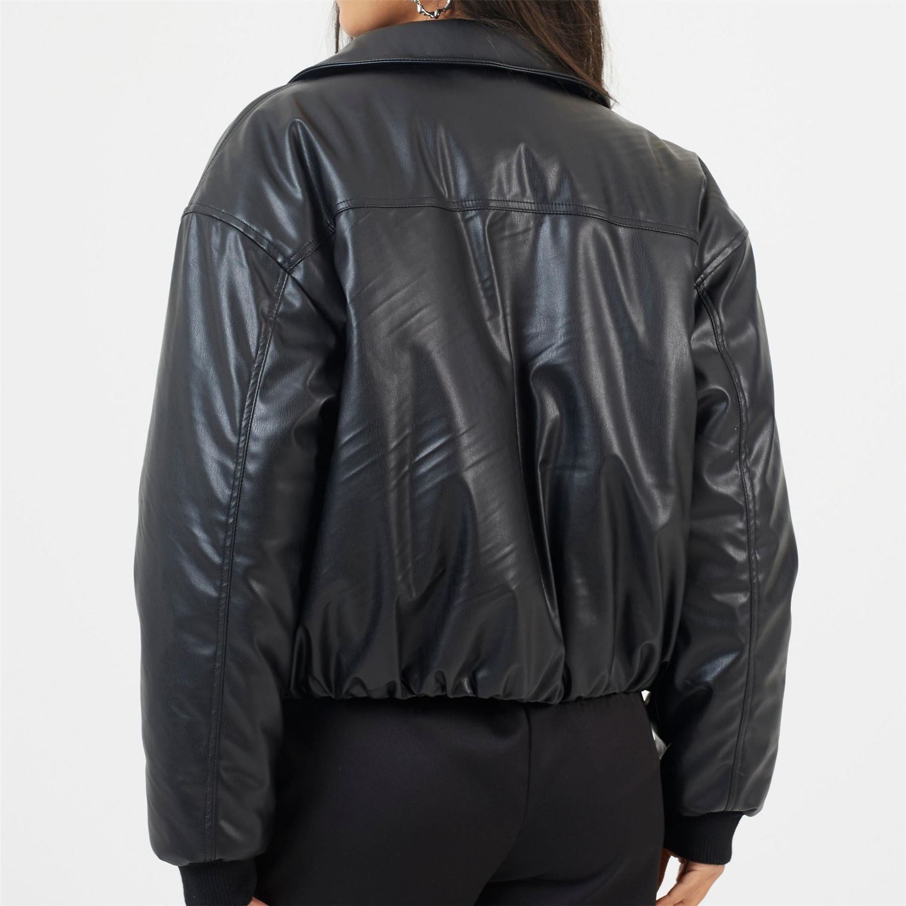 Brave Soul Womens Oversized Faux Leather Bomber Jacket With Collar