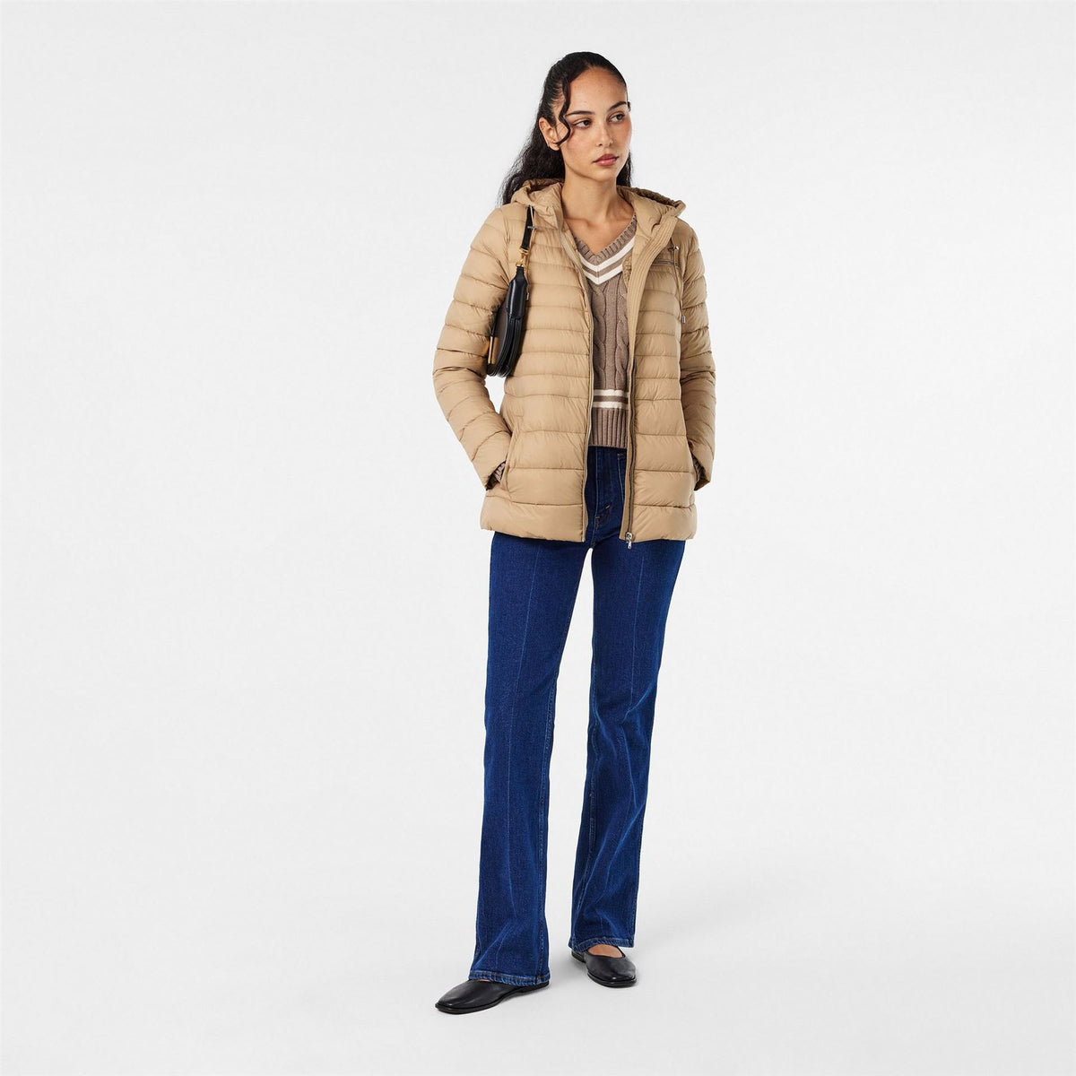 Lauren by Ralph Lauren Hooded Drawstring Horizontal Patterned Puffer Jacket