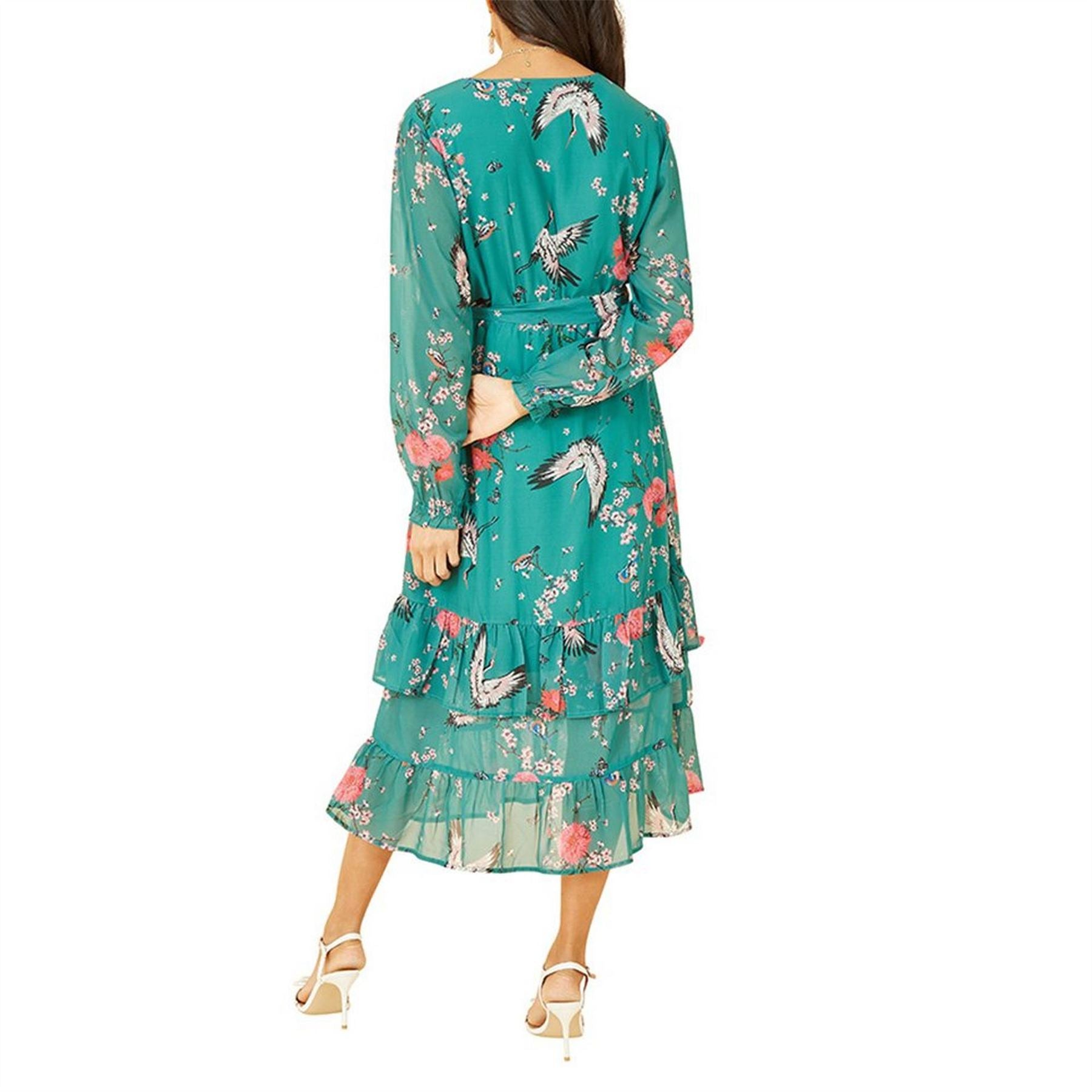 Yumi Crane Print V-Neck Midi Wrap Dress