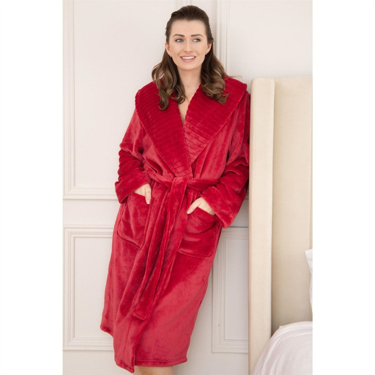 Camille Womens Supersoft Fleece Ribbed Collar Robe